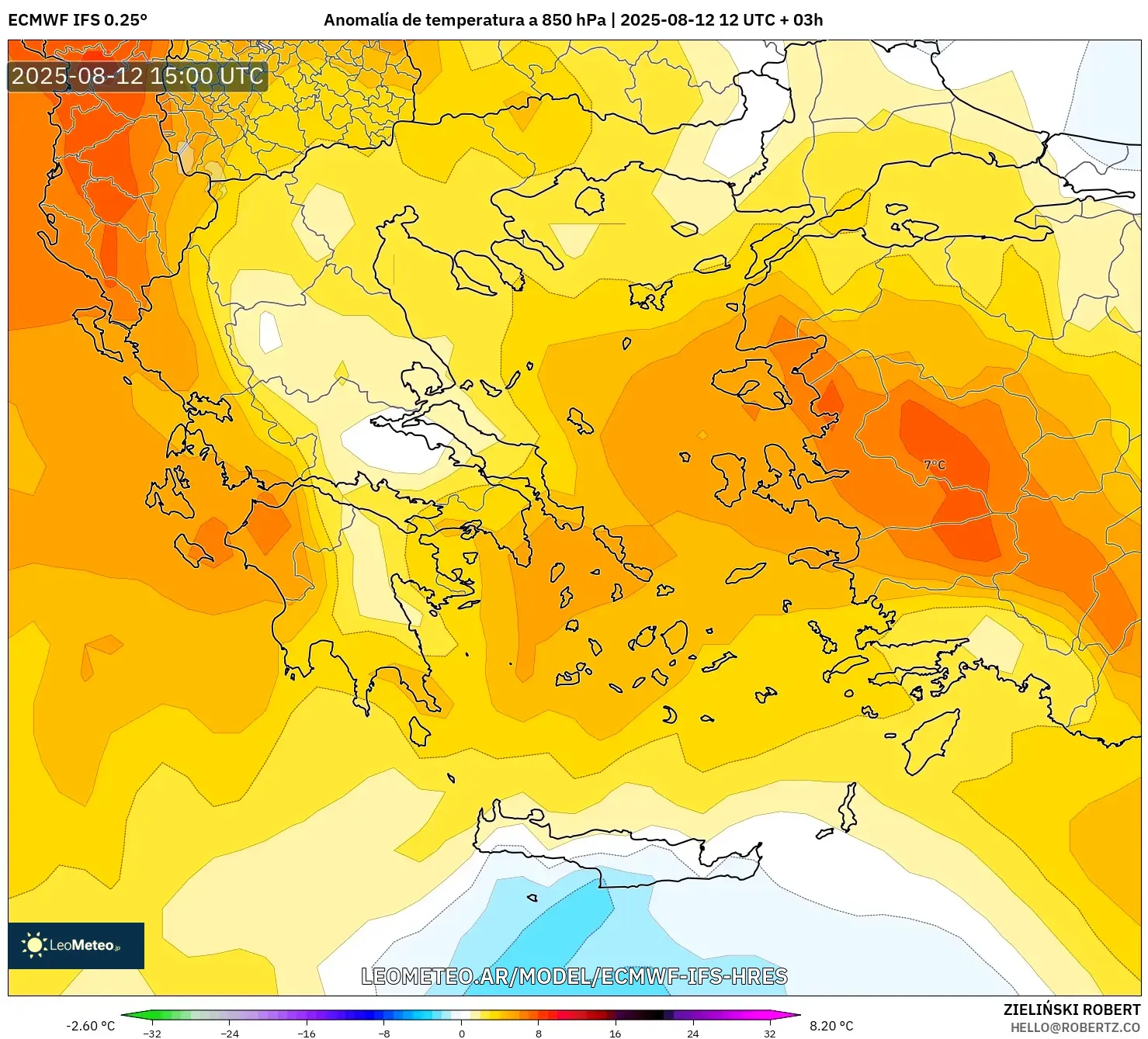 ECMWF IFS 0.25° model - Grecia, Anomalía de temperatura a 850 hPa