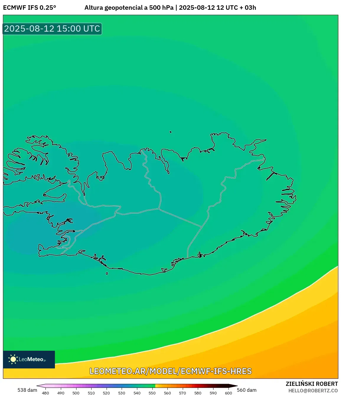 ECMWF IFS 0.25° model - Islandia, Altura geopotencial a 500 hPa
