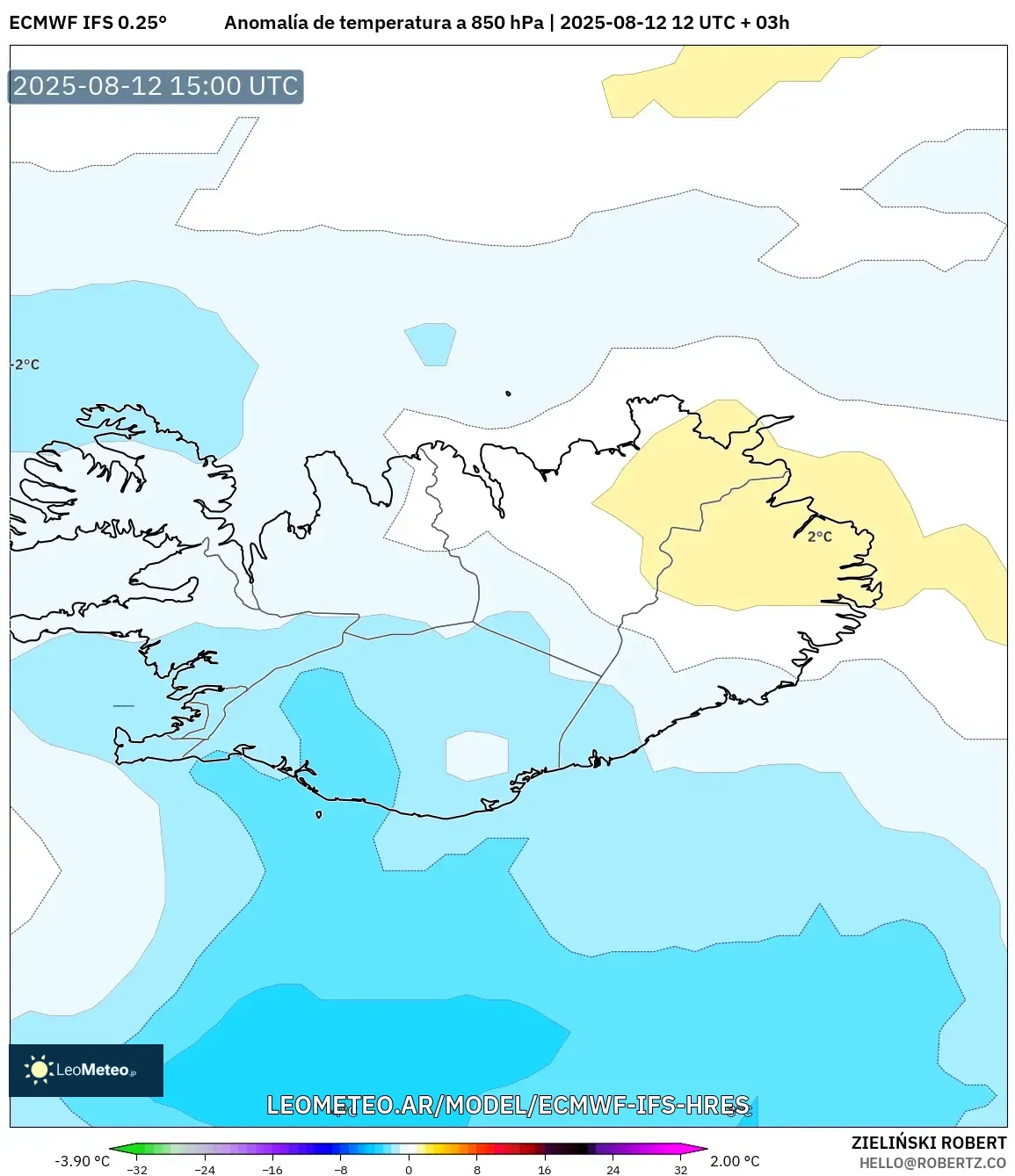 ECMWF IFS 0.25° model - Islandia, Anomalía de temperatura a 850 hPa ECMWF IFS 0.25° model - Islandia, Anomalía de temperatura a 850 hPa