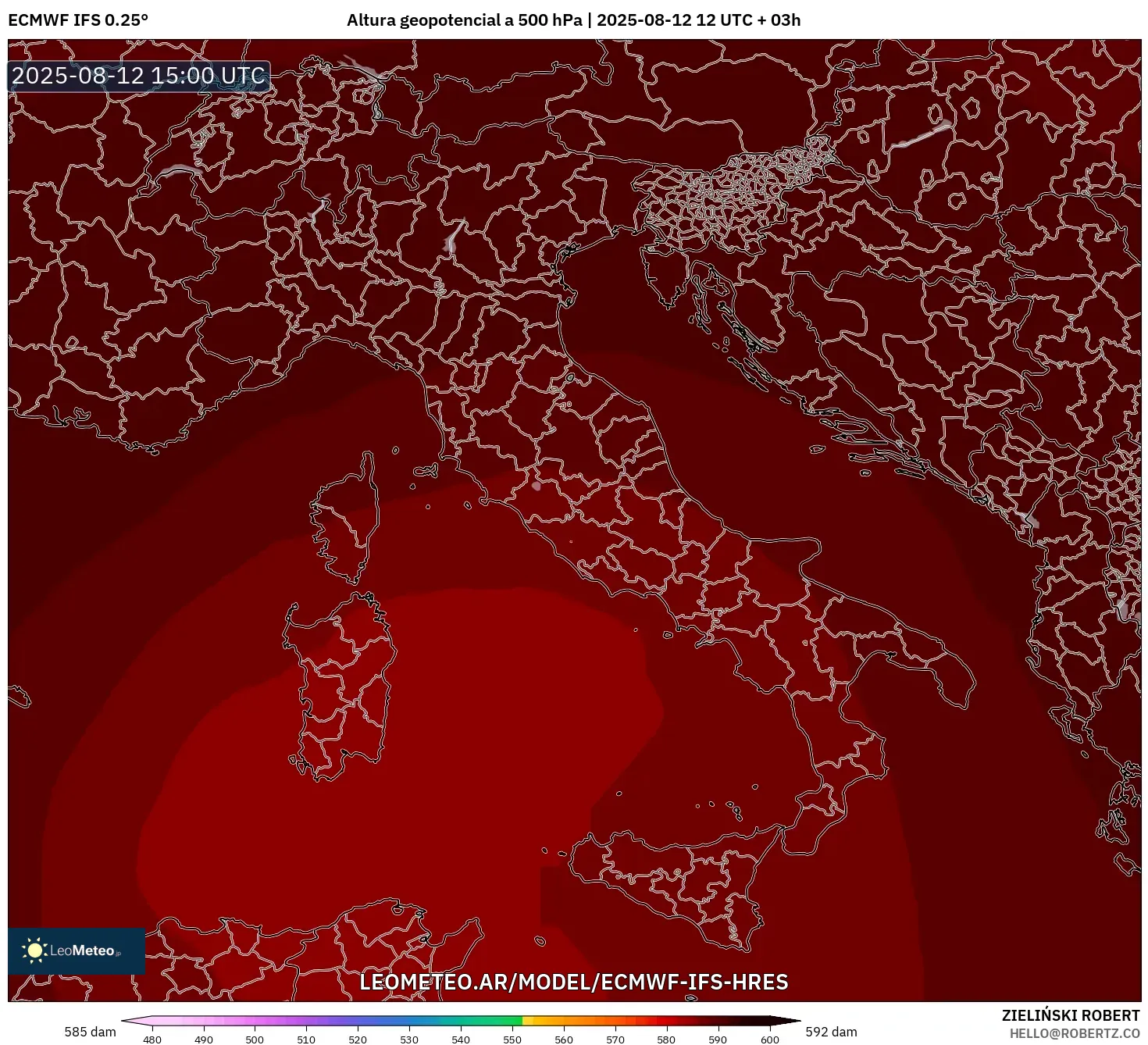 ECMWF IFS 0.25° model - Italia, Altura geopotencial a 500 hPa