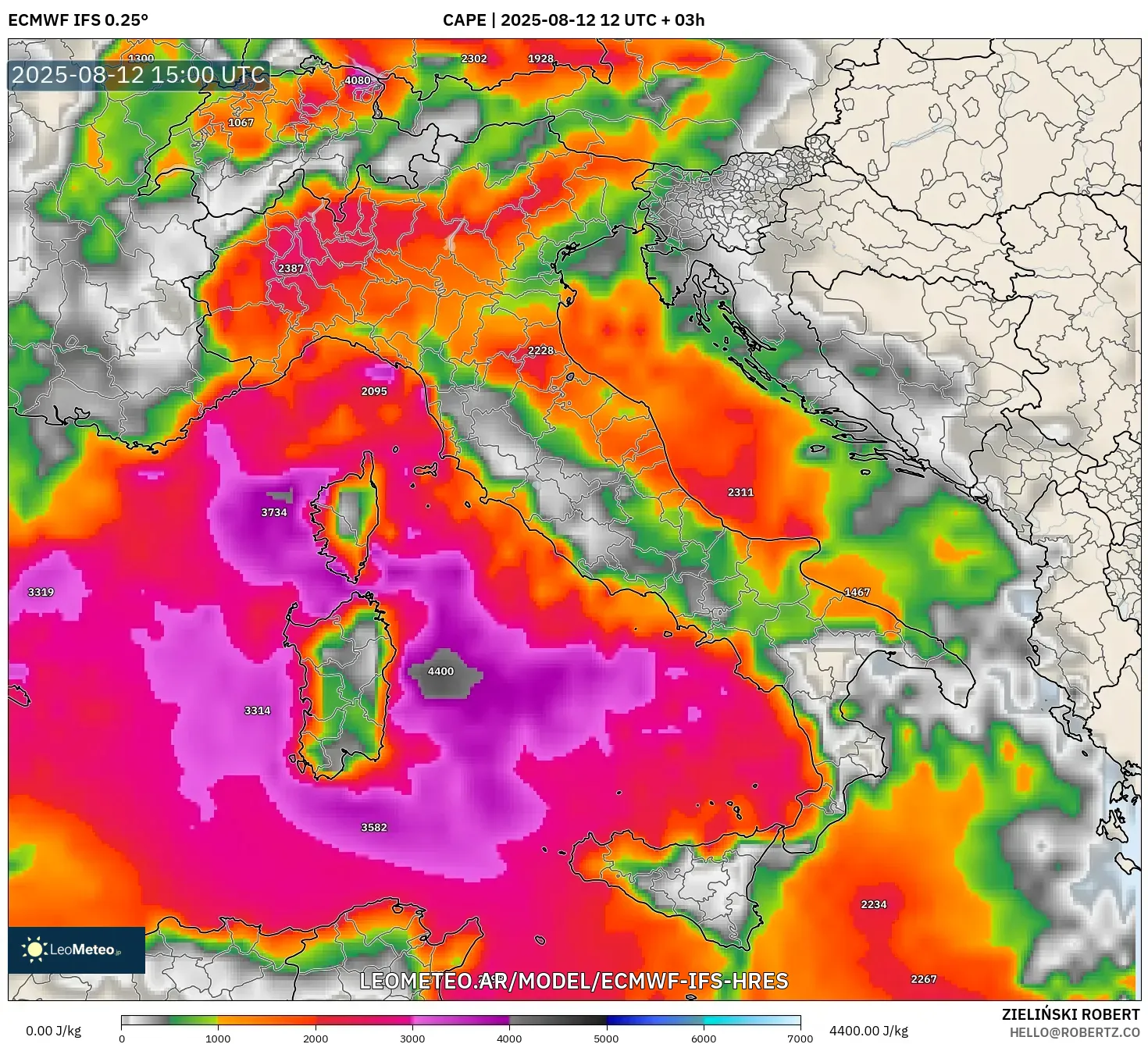 ECMWF IFS 0.25° model - Italia, CAPE