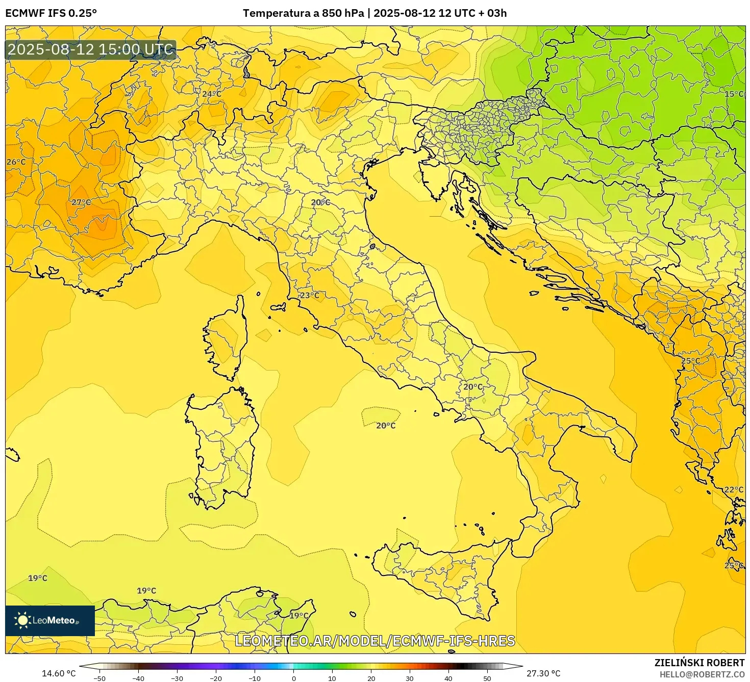 ECMWF IFS 0.25° model - Italia, Temperatura a 850 hPa