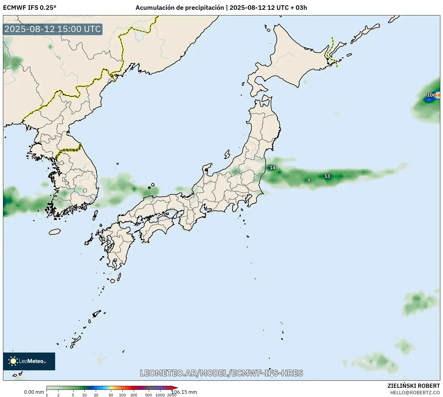 ECMWF IFS 0.25° model - Japón, Acumulación de precipitación