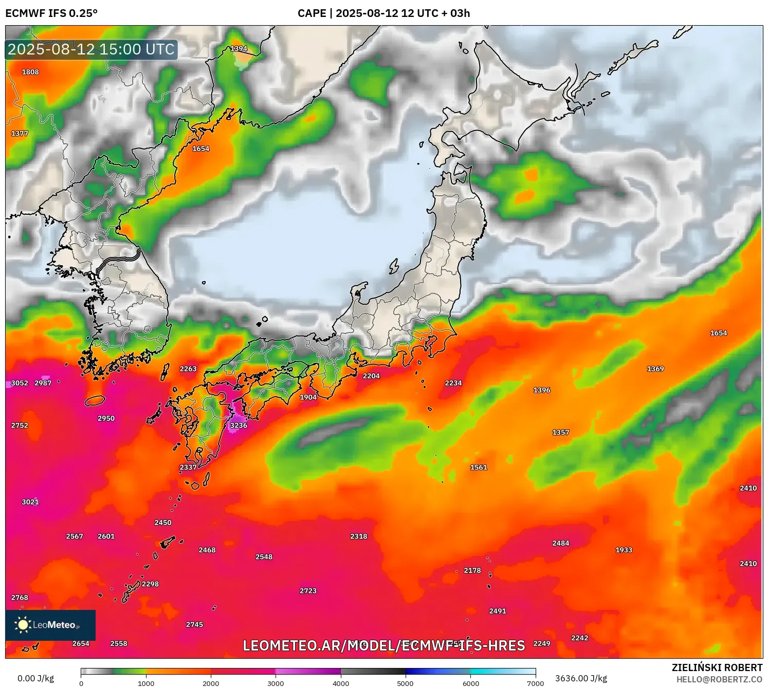 ECMWF IFS 0.25° model - Japón, CAPE