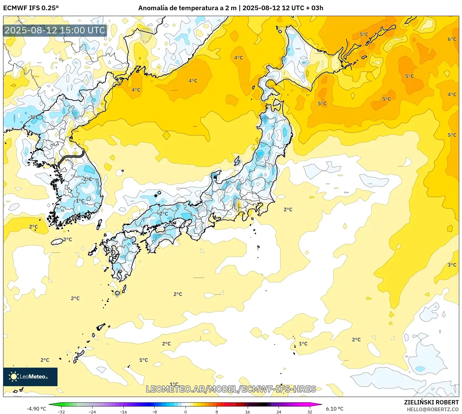 ECMWF IFS 0.25° model - Japón, Anomalía de temperatura a 2 m