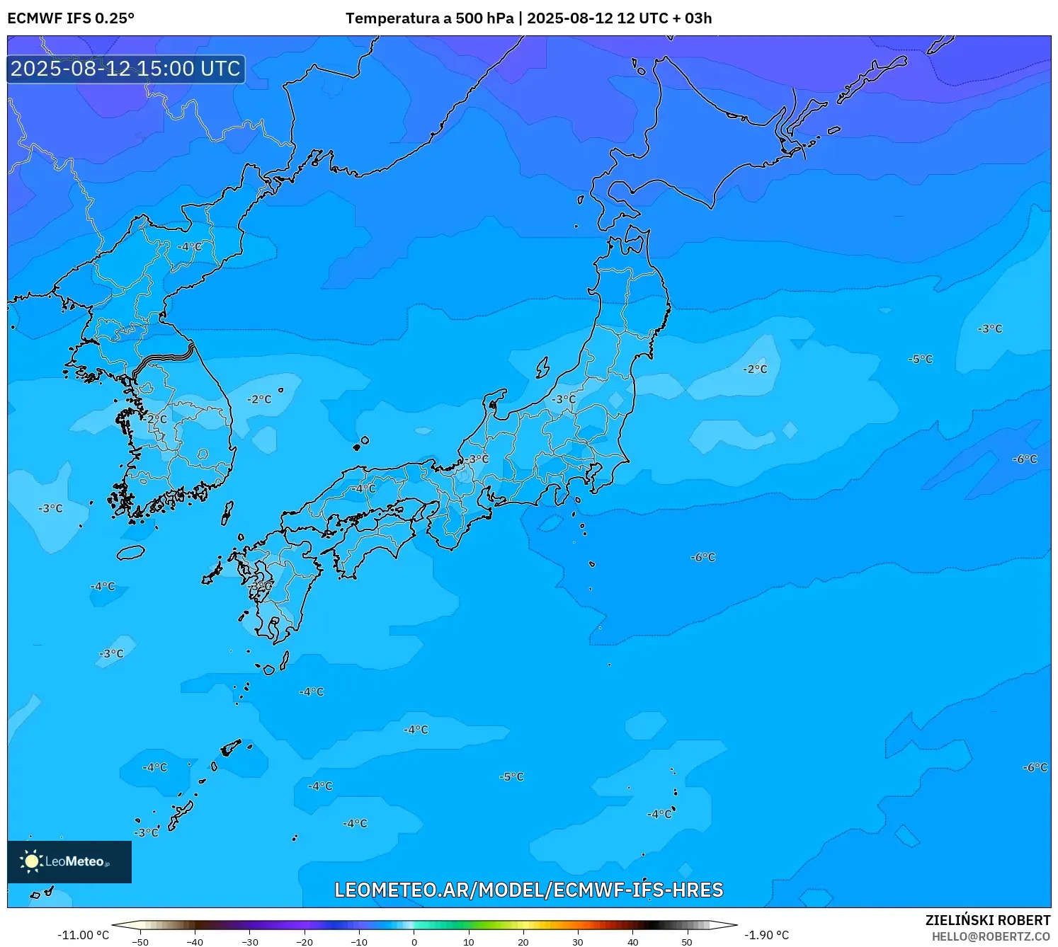 ECMWF IFS 0.25° model - Japón, Temperatura a 500 hPa ECMWF IFS 0.25° model - Japón, Temperatura a 500 hPa