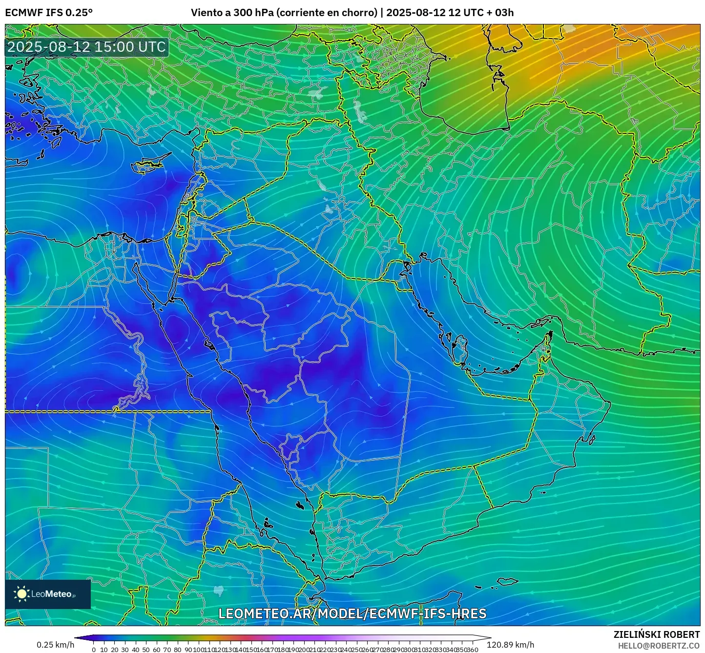 ECMWF IFS 0.25° model - Oriente Medio, Viento a 300 hPa (corriente en chorro)