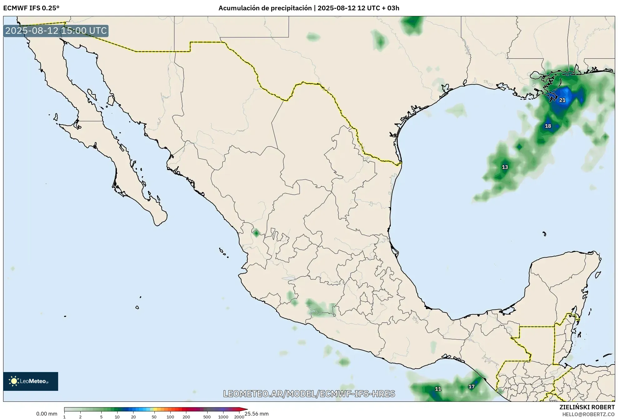 ECMWF IFS 0.25° model - México, Acumulación de precipitación