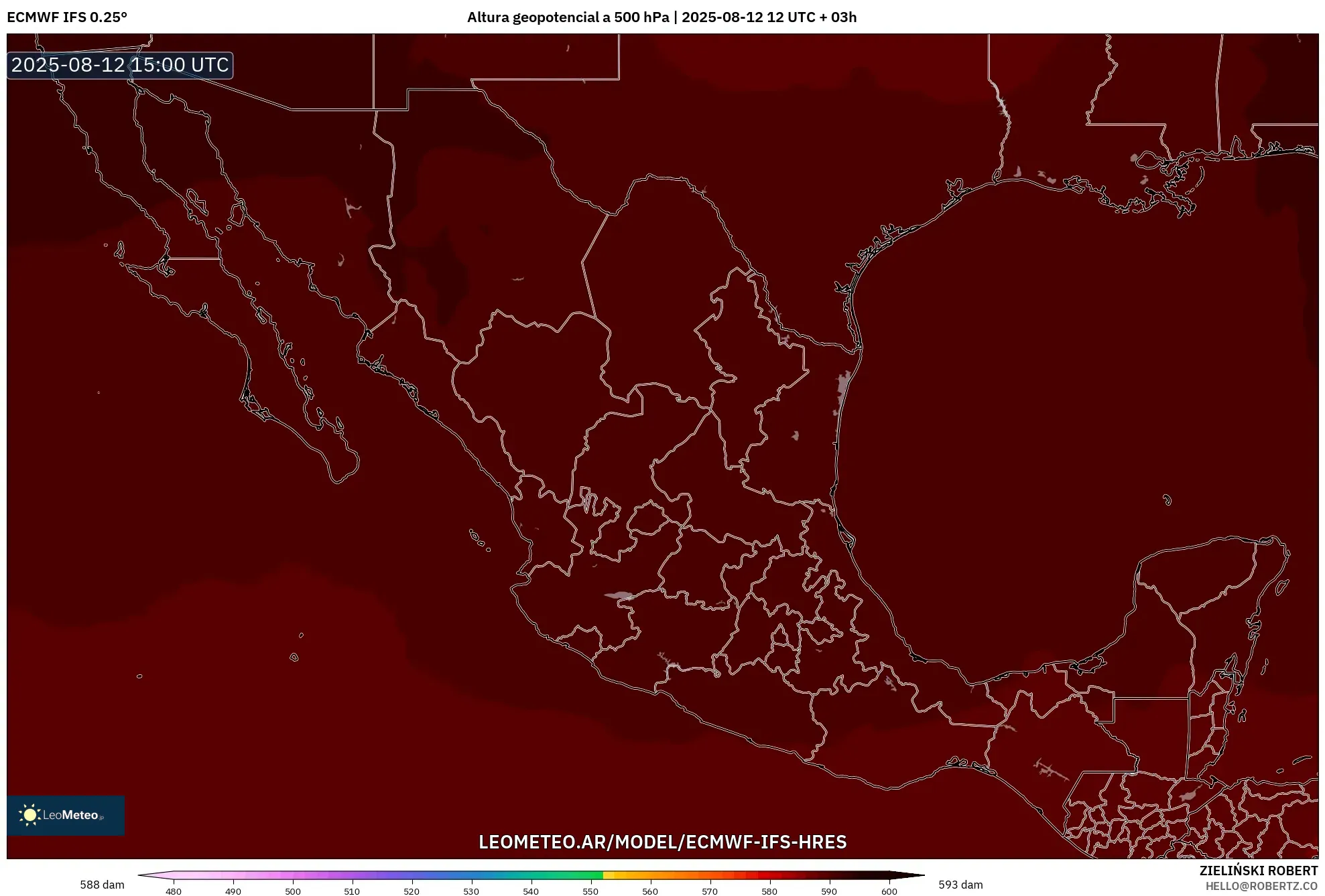 ECMWF IFS 0.25° model - México, Altura geopotencial a 500 hPa