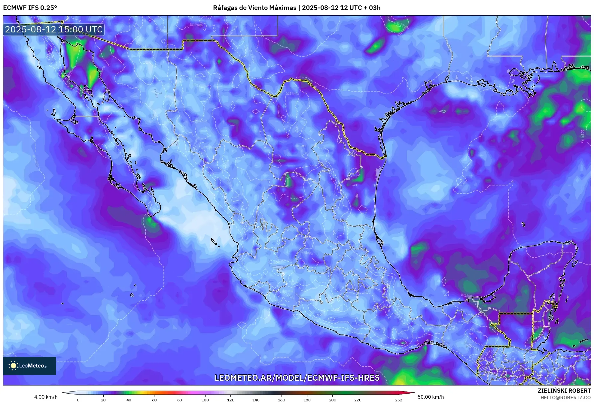 ECMWF IFS 0.25° model - México, Ráfagas de Viento Máximas ECMWF IFS 0.25° model - México, Ráfagas de Viento Máximas