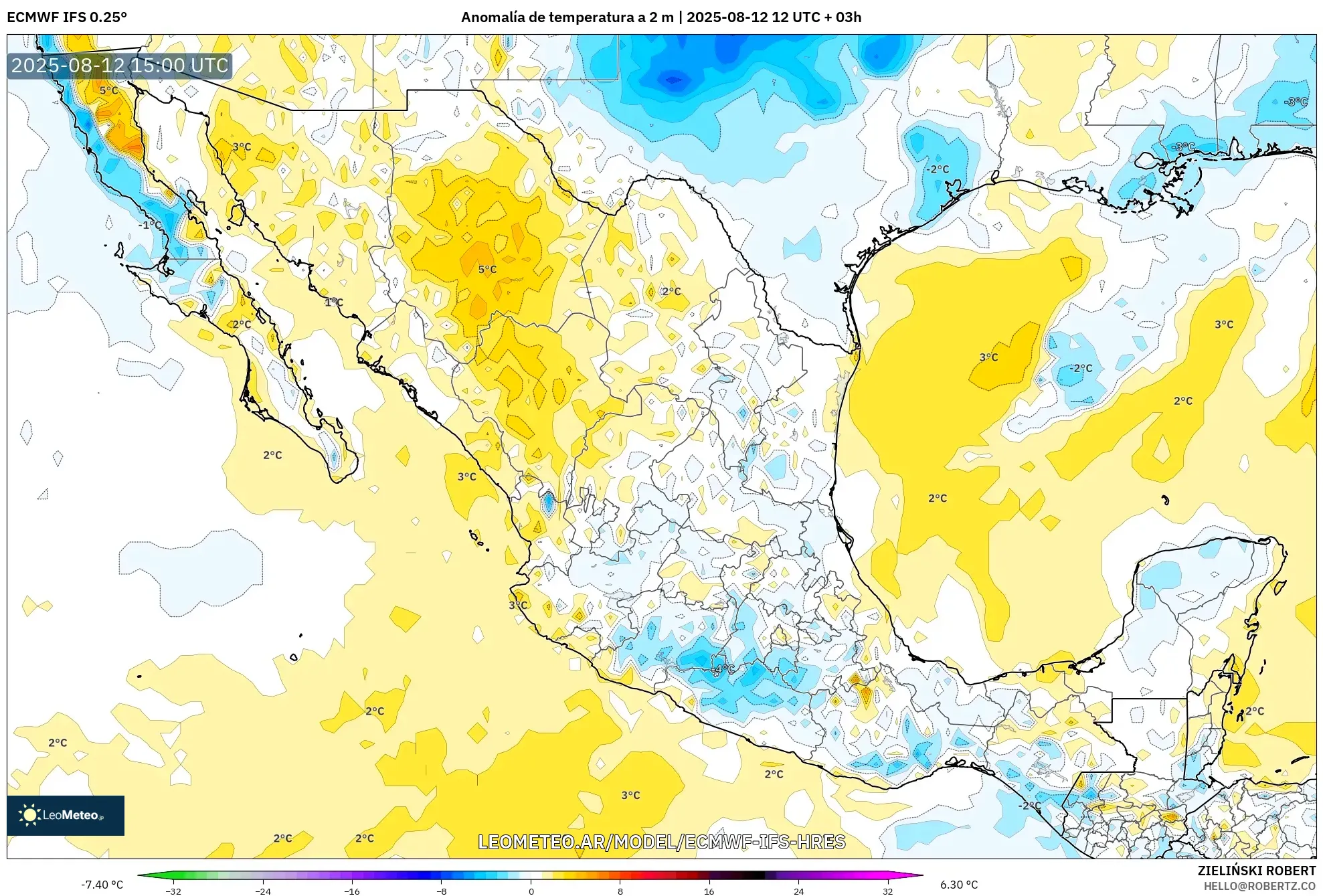 ECMWF IFS 0.25° model - México, Anomalía de temperatura a 2 m