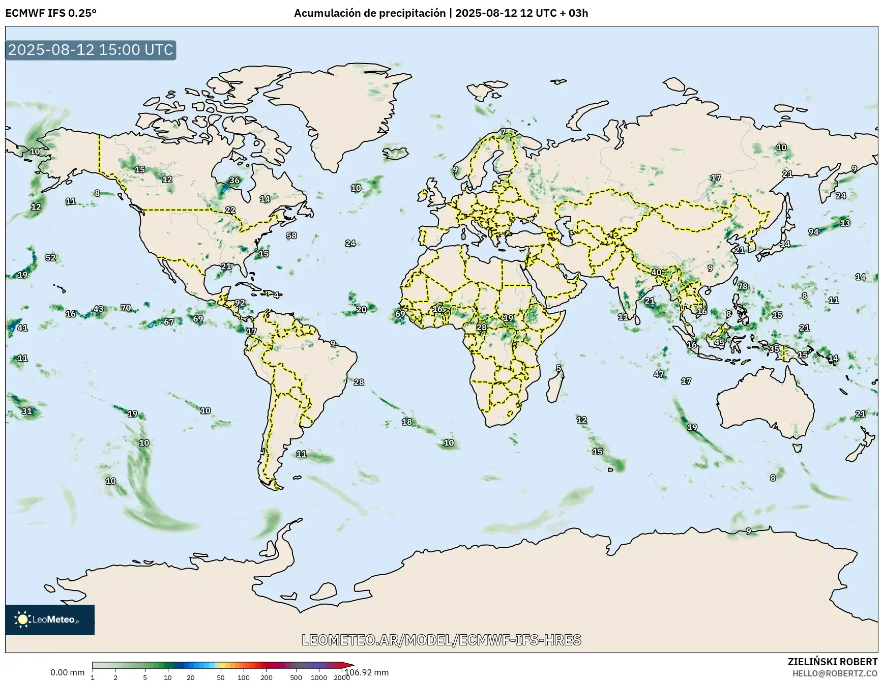 ECMWF IFS 0.25° model - Mundo, Acumulación de precipitación ECMWF IFS 0.25° model - Mundo, Acumulación de precipitación