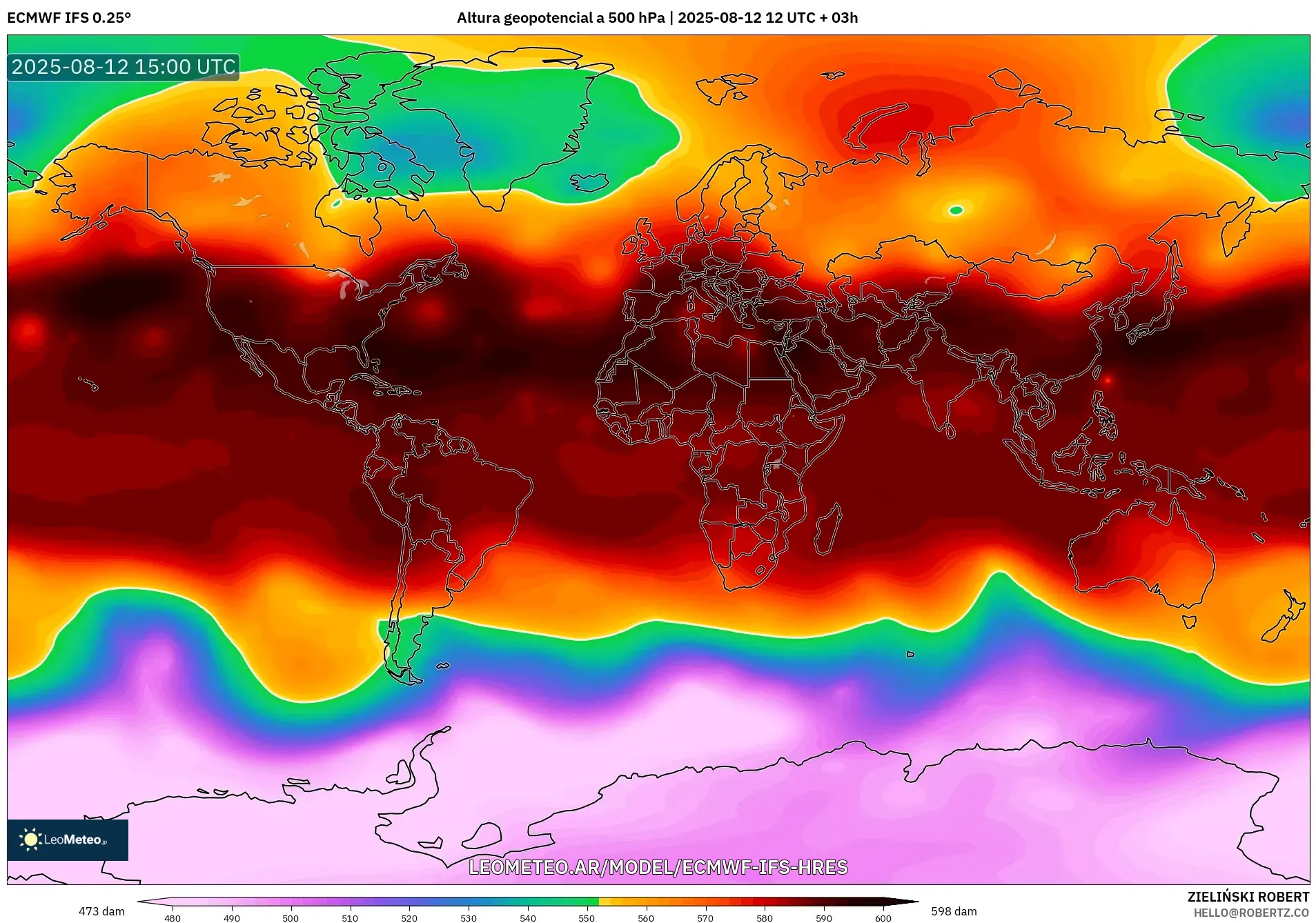 ECMWF IFS 0.25° model - Mundo, Altura geopotencial a 500 hPa ECMWF IFS 0.25° model - Mundo, Altura geopotencial a 500 hPa