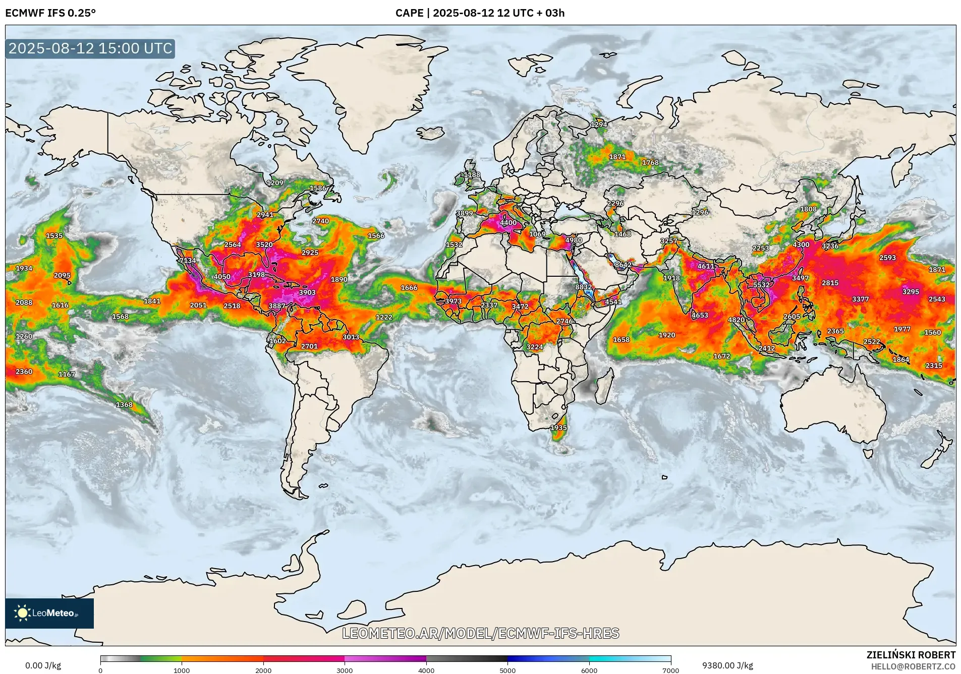 ECMWF IFS 0.25° model - Mundo, CAPE