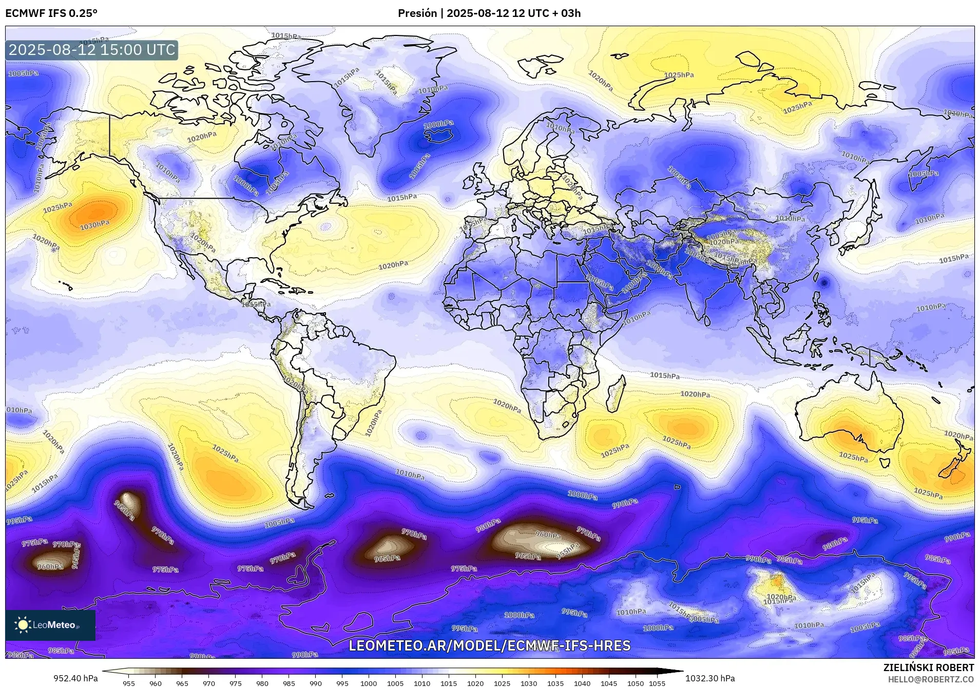 ECMWF IFS 0.25° model - Mundo, Presión ECMWF IFS 0.25° model - Mundo, Presión