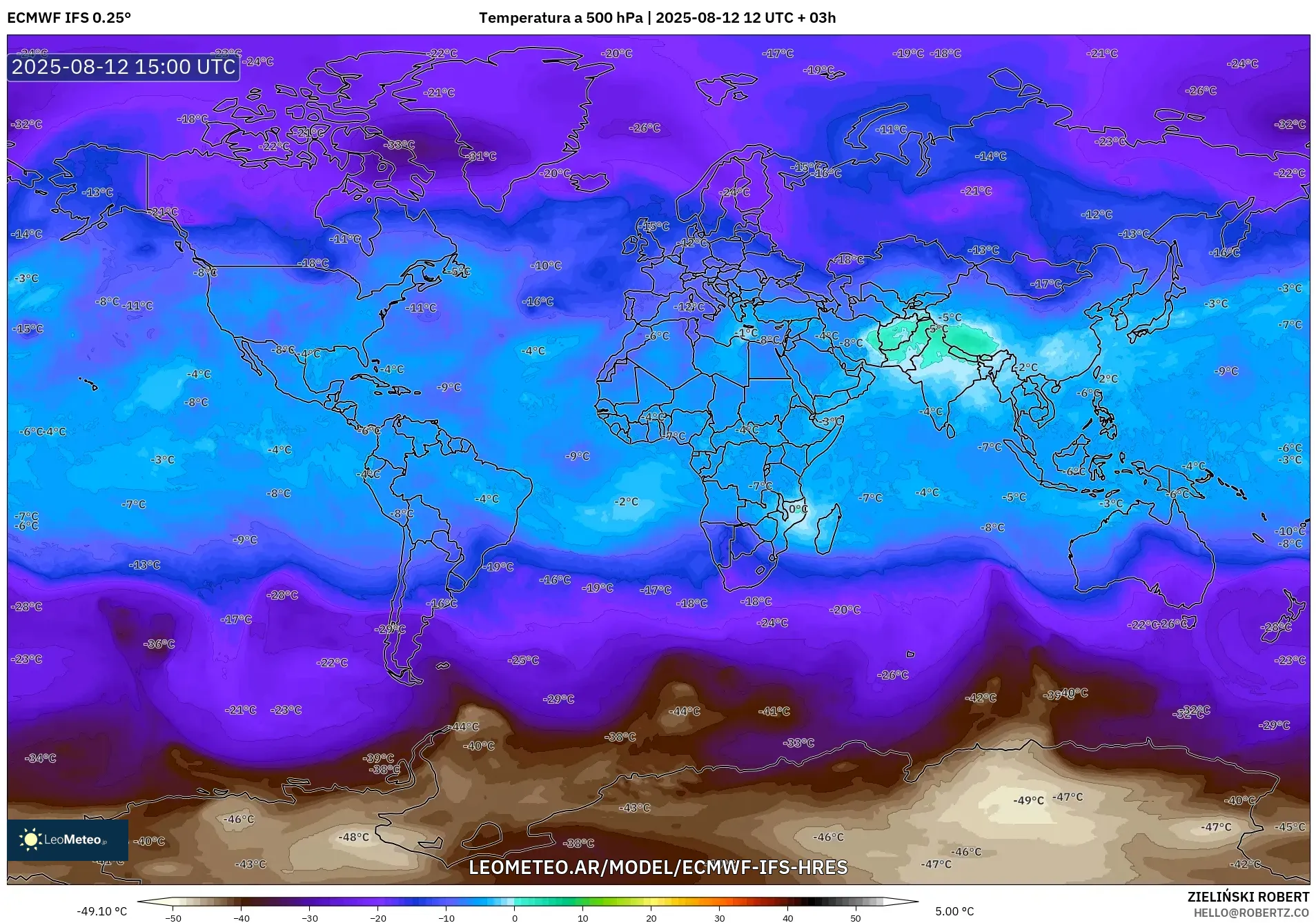 ECMWF IFS 0.25° model - Mundo, Temperatura a 500 hPa ECMWF IFS 0.25° model - Mundo, Temperatura a 500 hPa