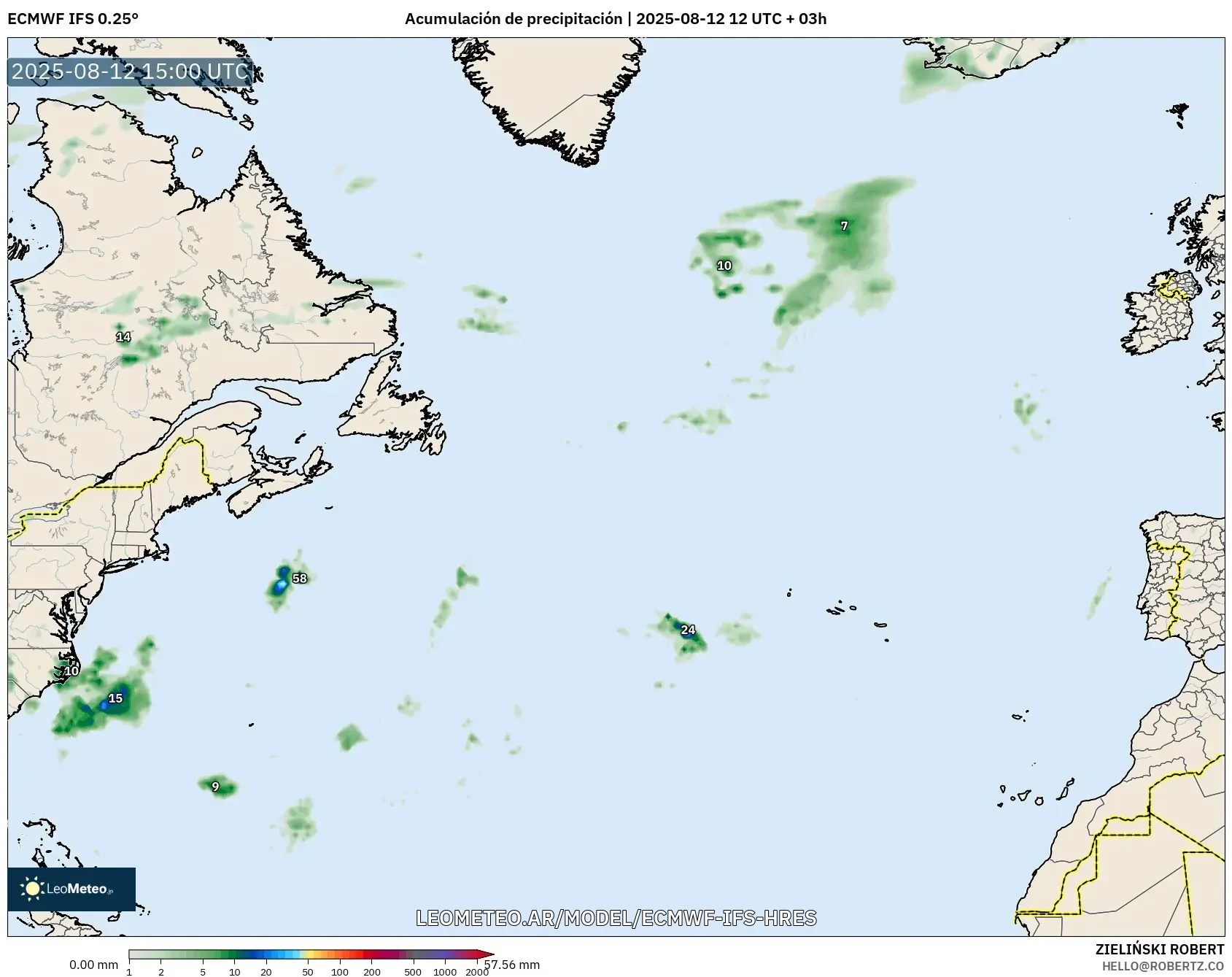 ECMWF IFS 0.25° model - Norte Atlántico, Acumulación de precipitación