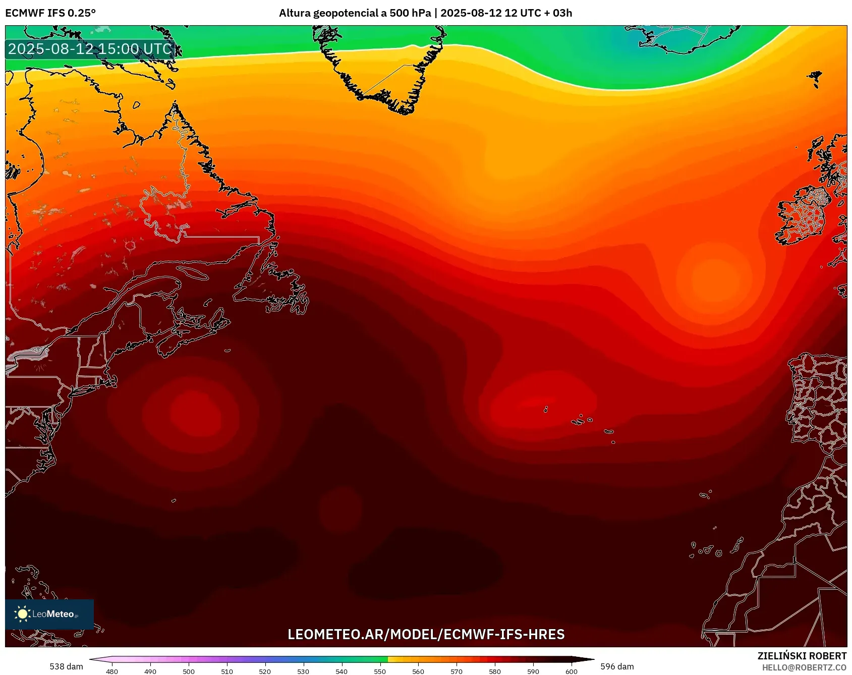ECMWF IFS 0.25° model - Norte Atlántico, Altura geopotencial a 500 hPa