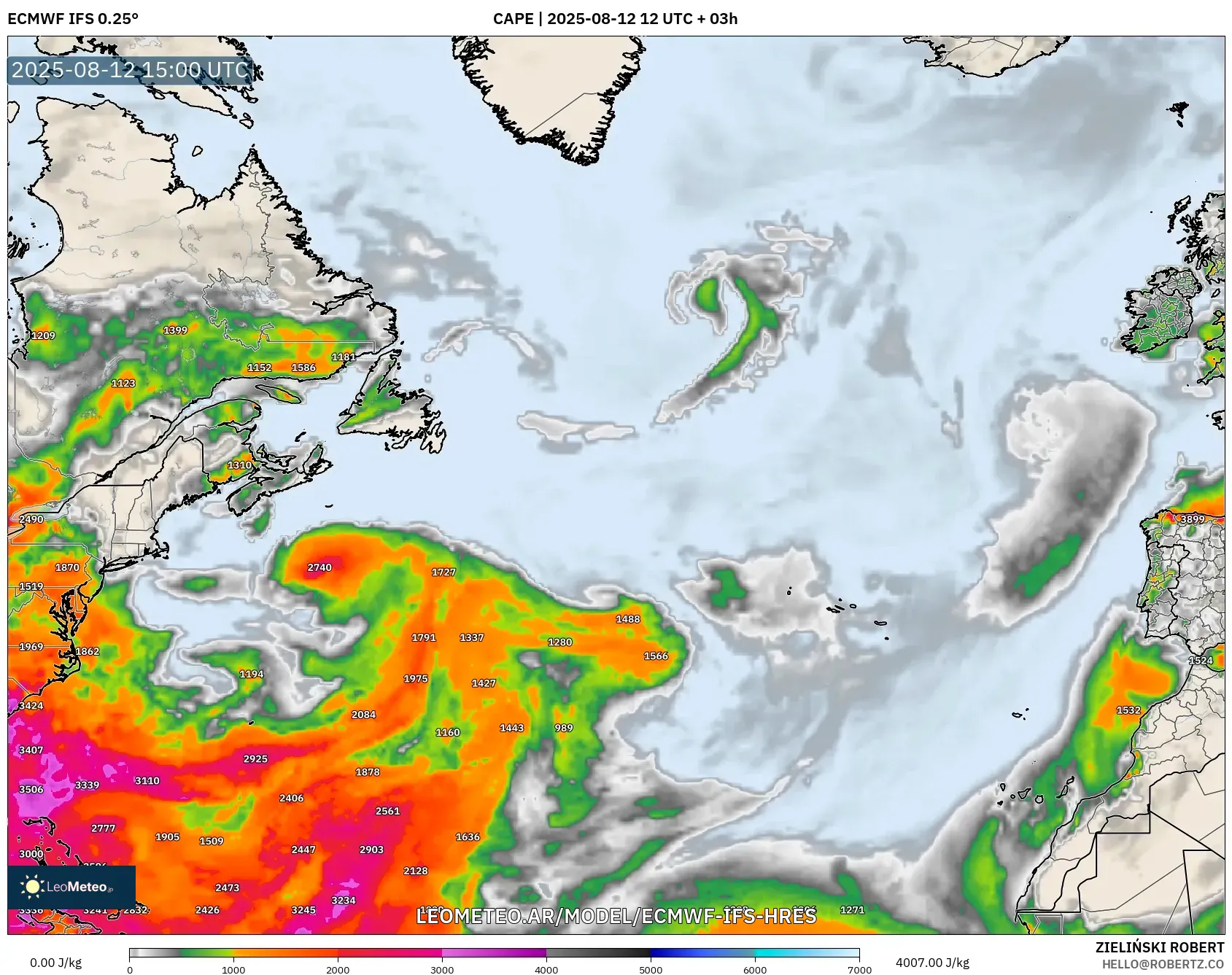 ECMWF IFS 0.25° model - Norte Atlántico, CAPE
