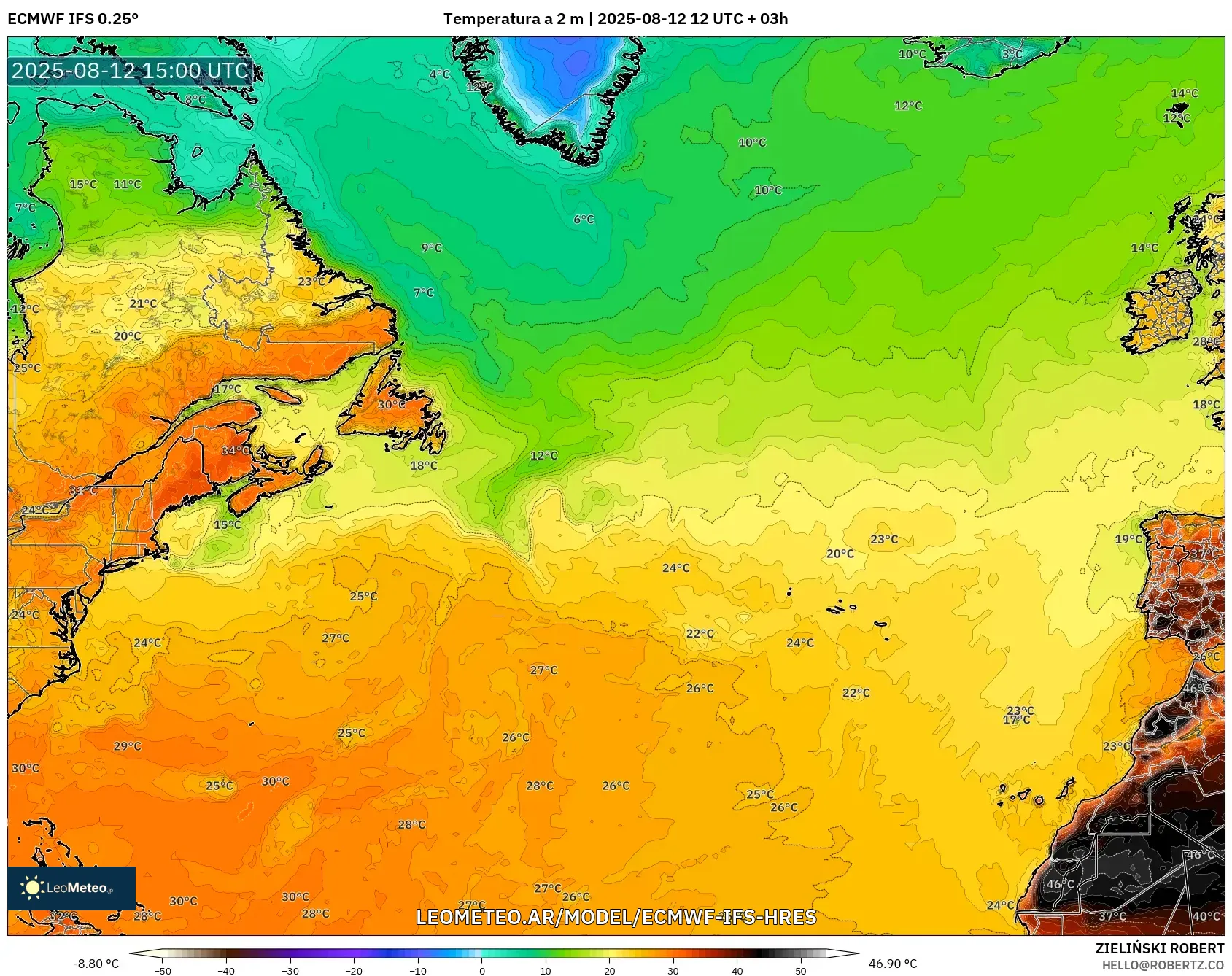 ECMWF IFS 0.25° model - Norte Atlántico, Temperatura a 2 m