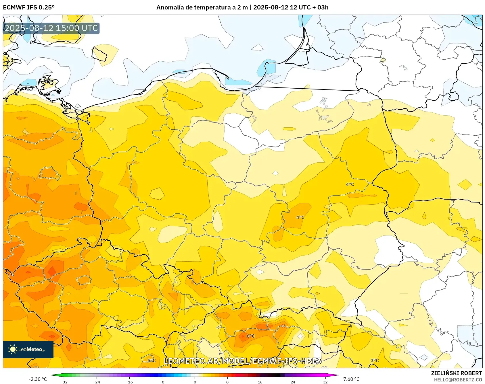 ECMWF IFS 0.25° model - Polonia, Anomalía de temperatura a 2 m
