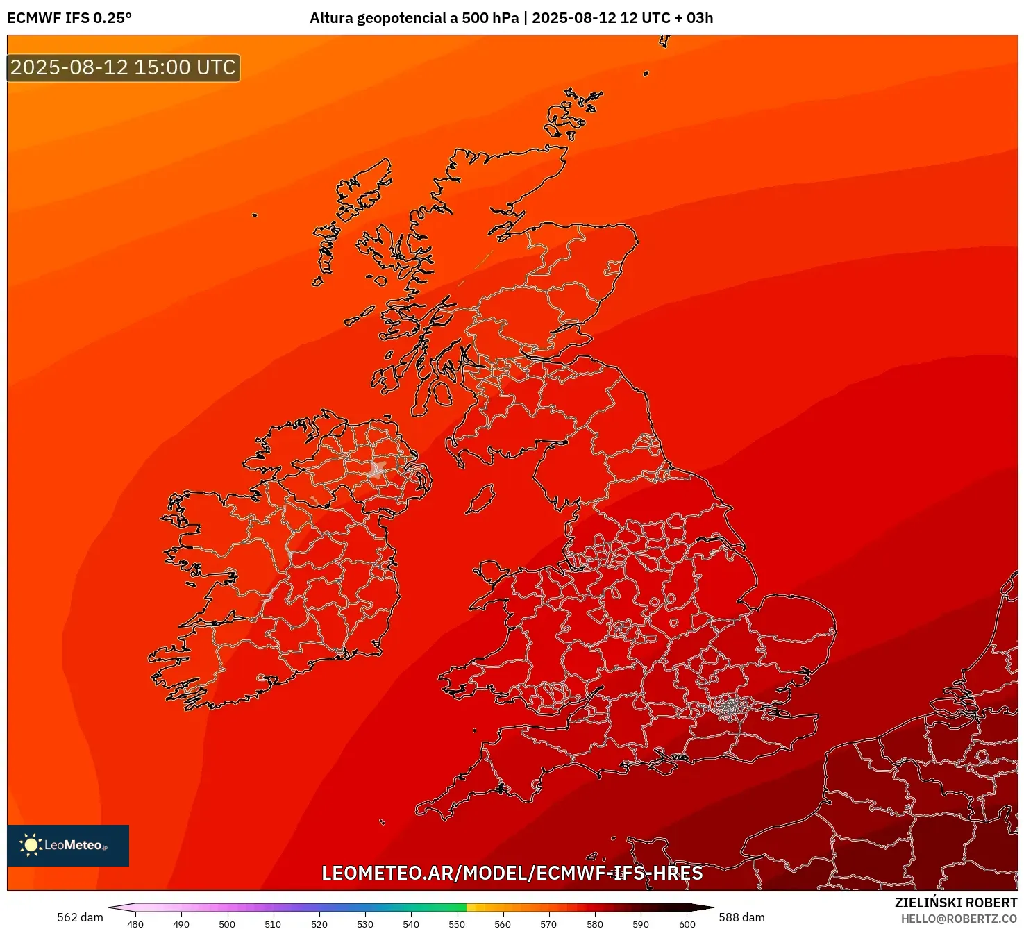 ECMWF IFS 0.25° model - Reino Unido, Altura geopotencial a 500 hPa ECMWF IFS 0.25° model - Reino Unido, Altura geopotencial a 500 hPa