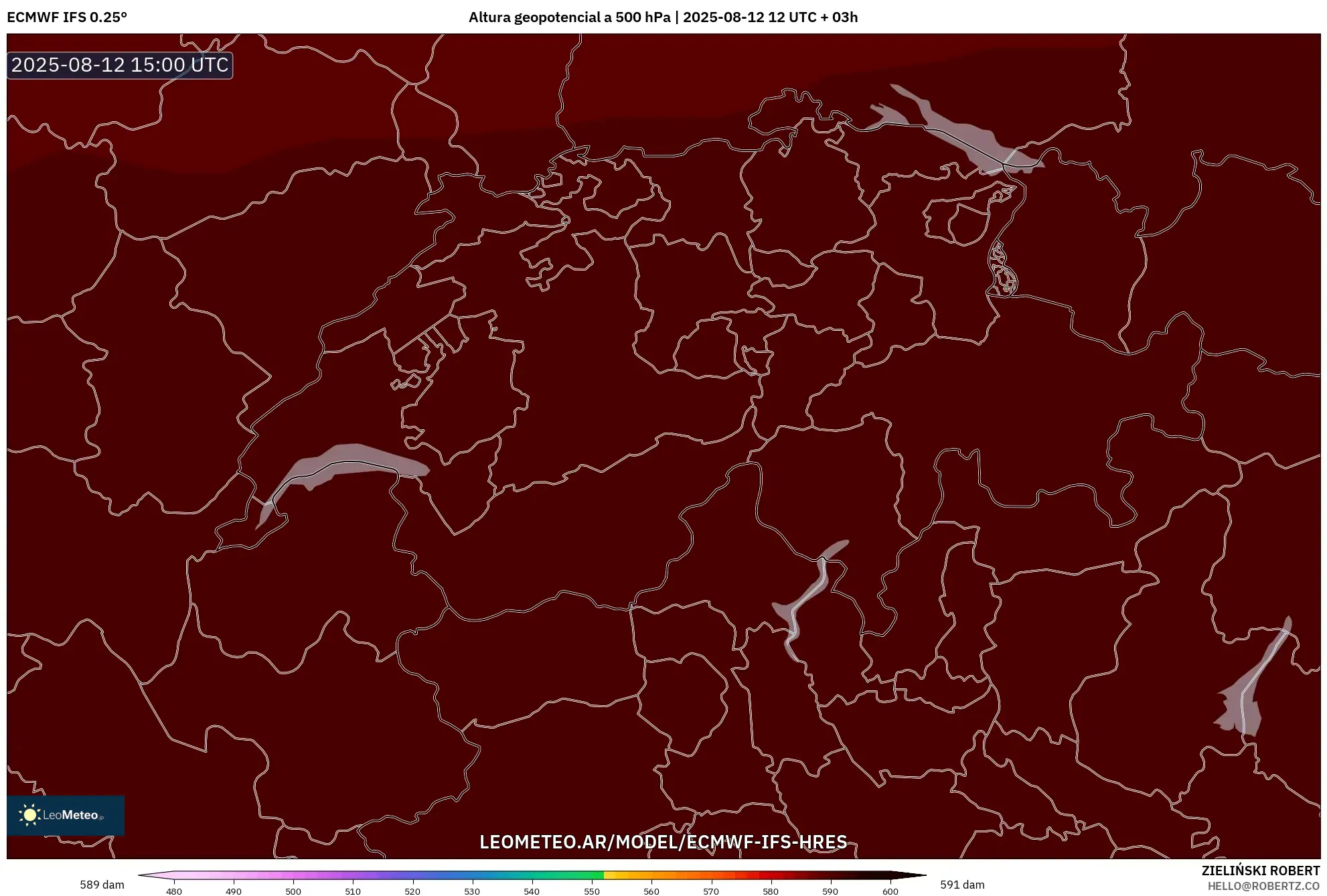 ECMWF IFS 0.25° model - Suiza, Altura geopotencial a 500 hPa