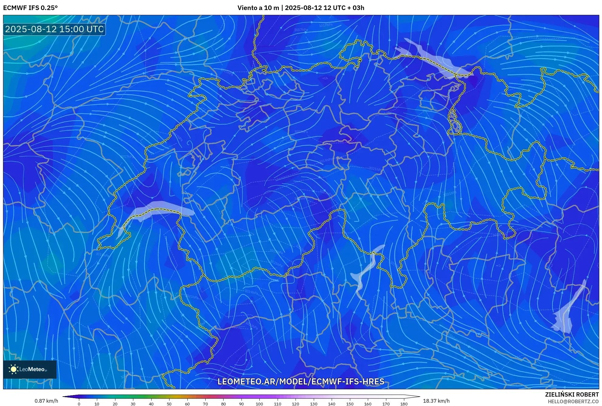 ECMWF IFS 0.25° model - Suiza, Viento a 10 m