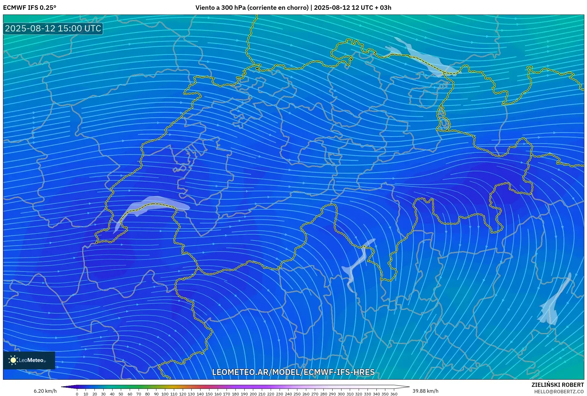 ECMWF IFS 0.25° model - Suiza, Viento a 300 hPa (corriente en chorro) ECMWF IFS 0.25° model - Suiza, Viento a 300 hPa (corriente en chorro)