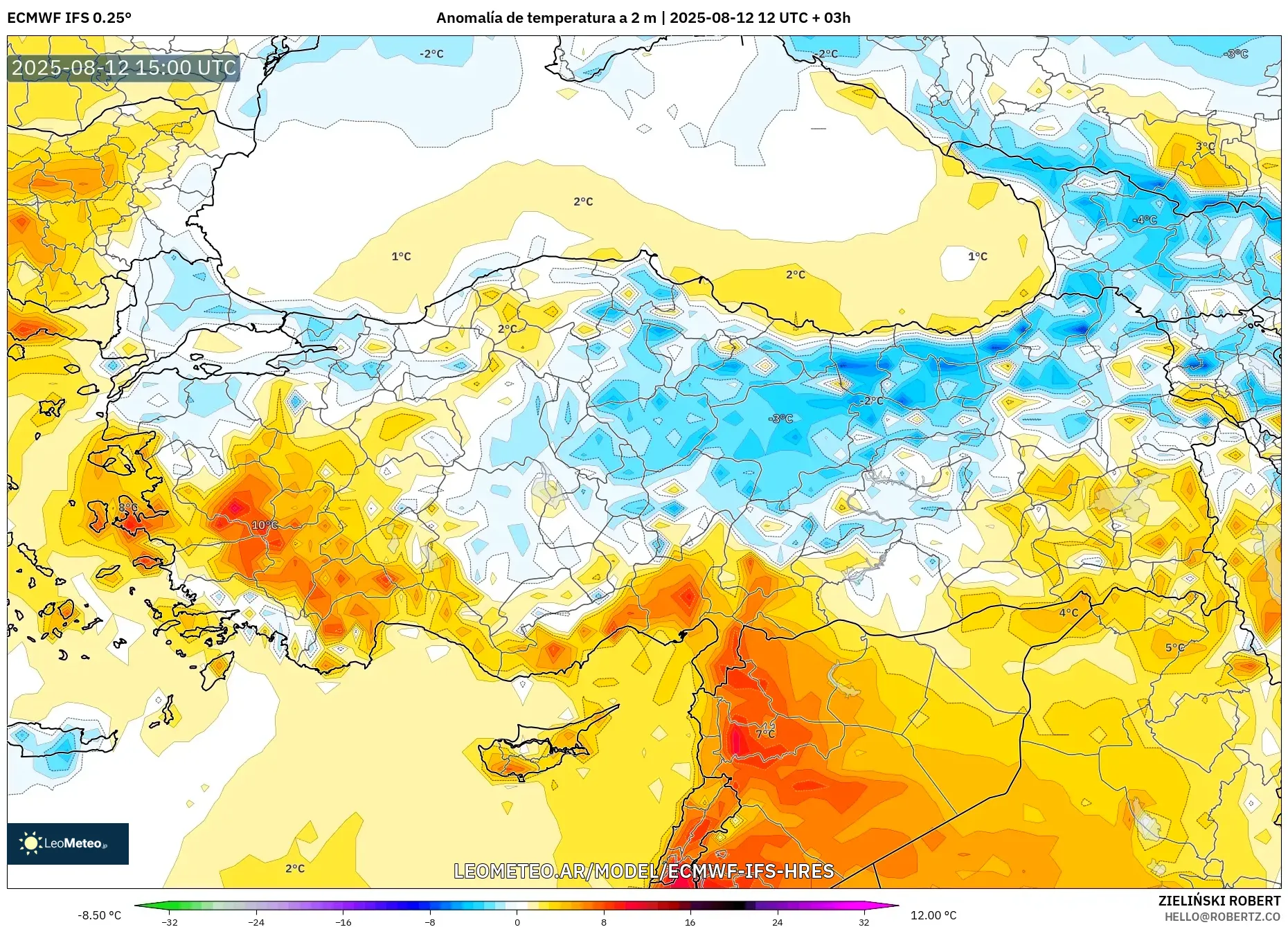 ECMWF IFS 0.25° model - Turquía, Anomalía de temperatura a 2 m ECMWF IFS 0.25° model - Turquía, Anomalía de temperatura a 2 m