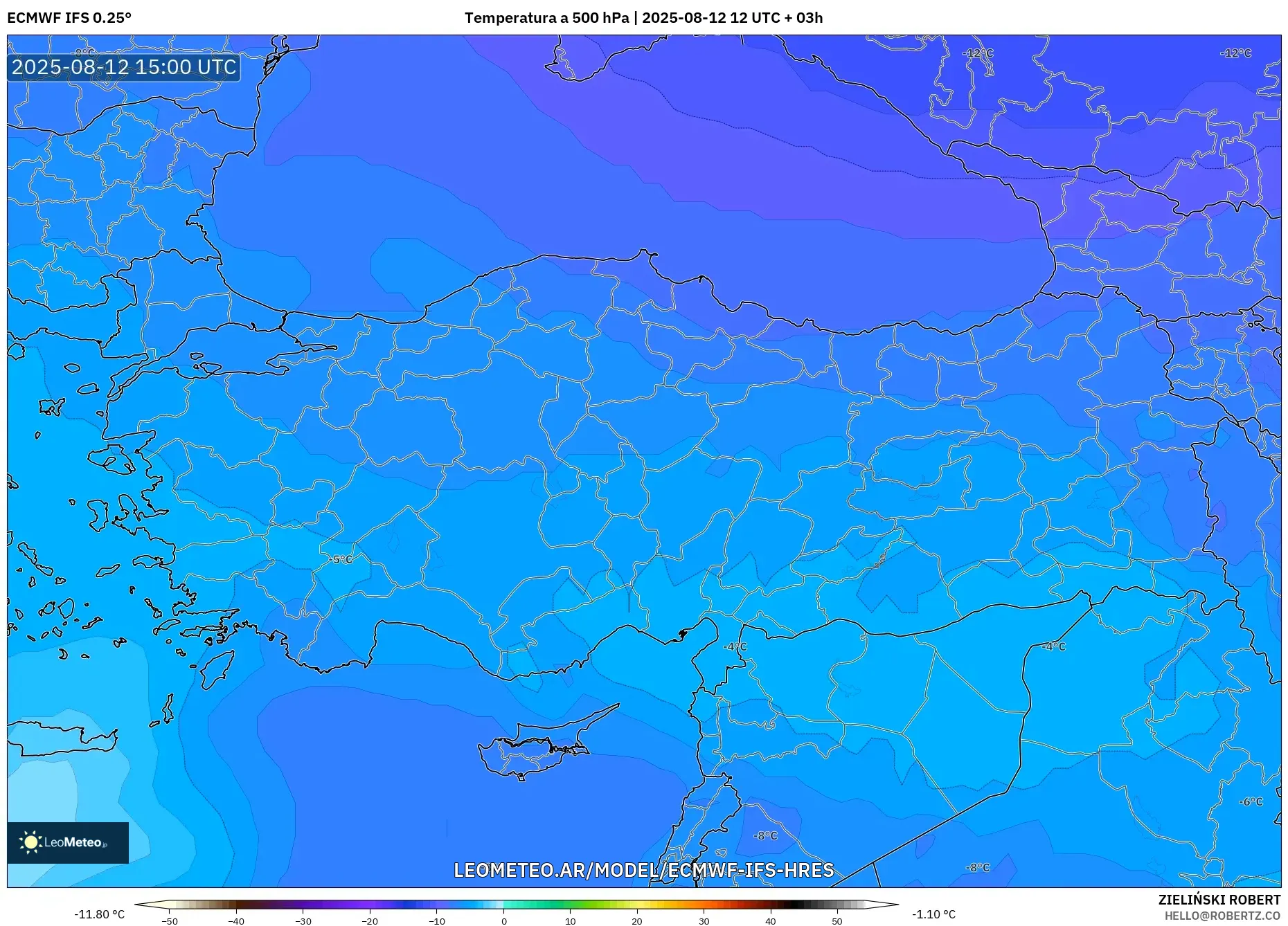 ECMWF IFS 0.25° model - Turquía, Temperatura a 500 hPa ECMWF IFS 0.25° model - Turquía, Temperatura a 500 hPa