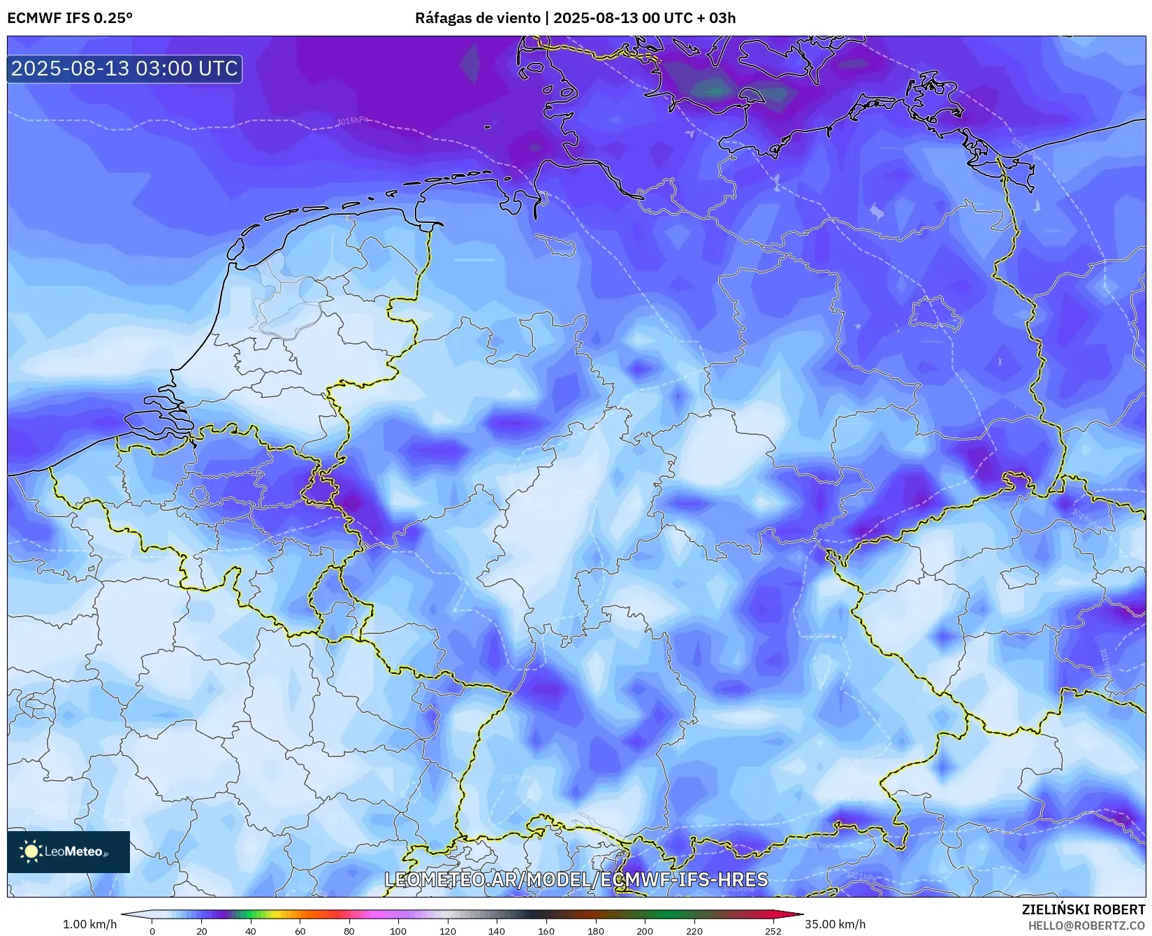 ECMWF IFS 0.25° model - Alemania, Ráfagas de viento ECMWF IFS 0.25° model - Alemania, Ráfagas de viento