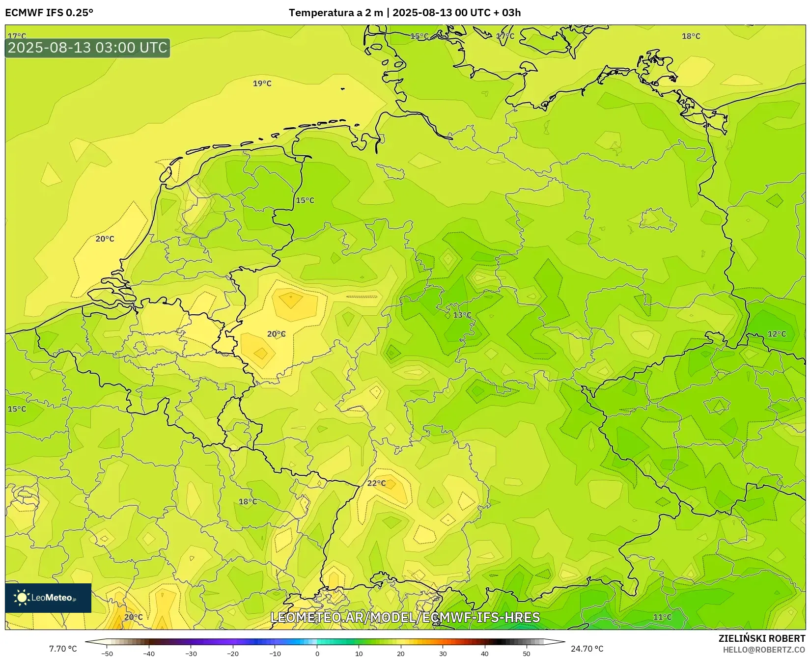 ECMWF IFS 0.25° model - Alemania, Temperatura a 2 m