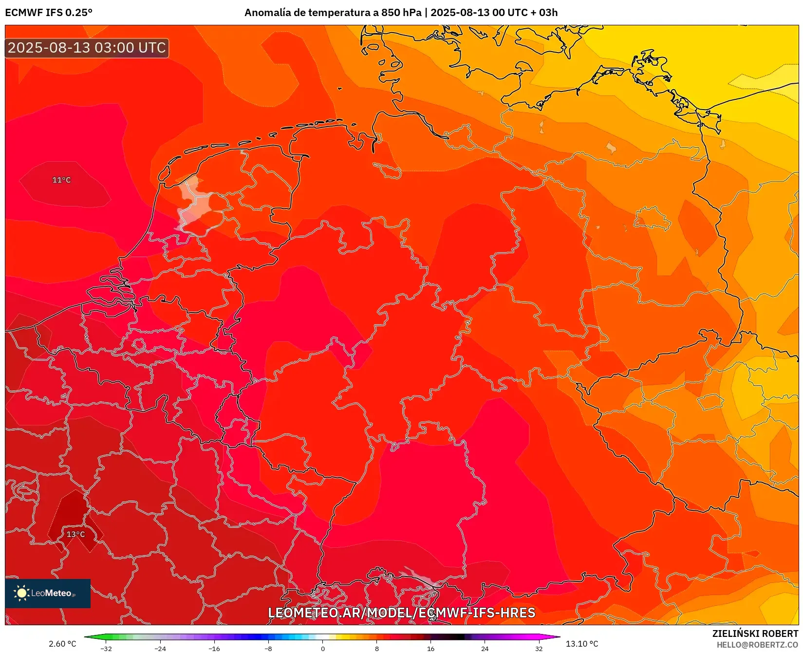 ECMWF IFS 0.25° model - Alemania, Anomalía de temperatura a 850 hPa
