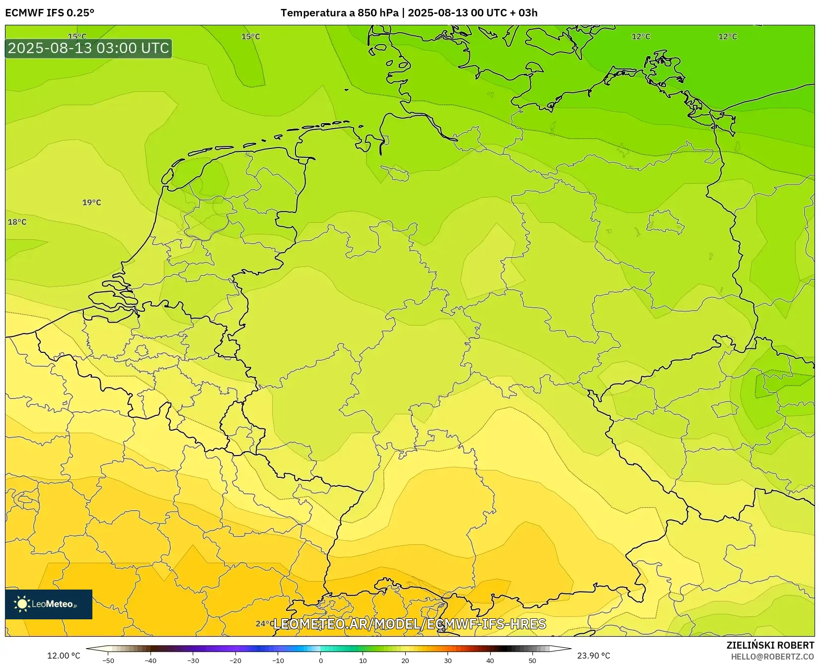 ECMWF IFS 0.25° model - Alemania, Temperatura a 850 hPa