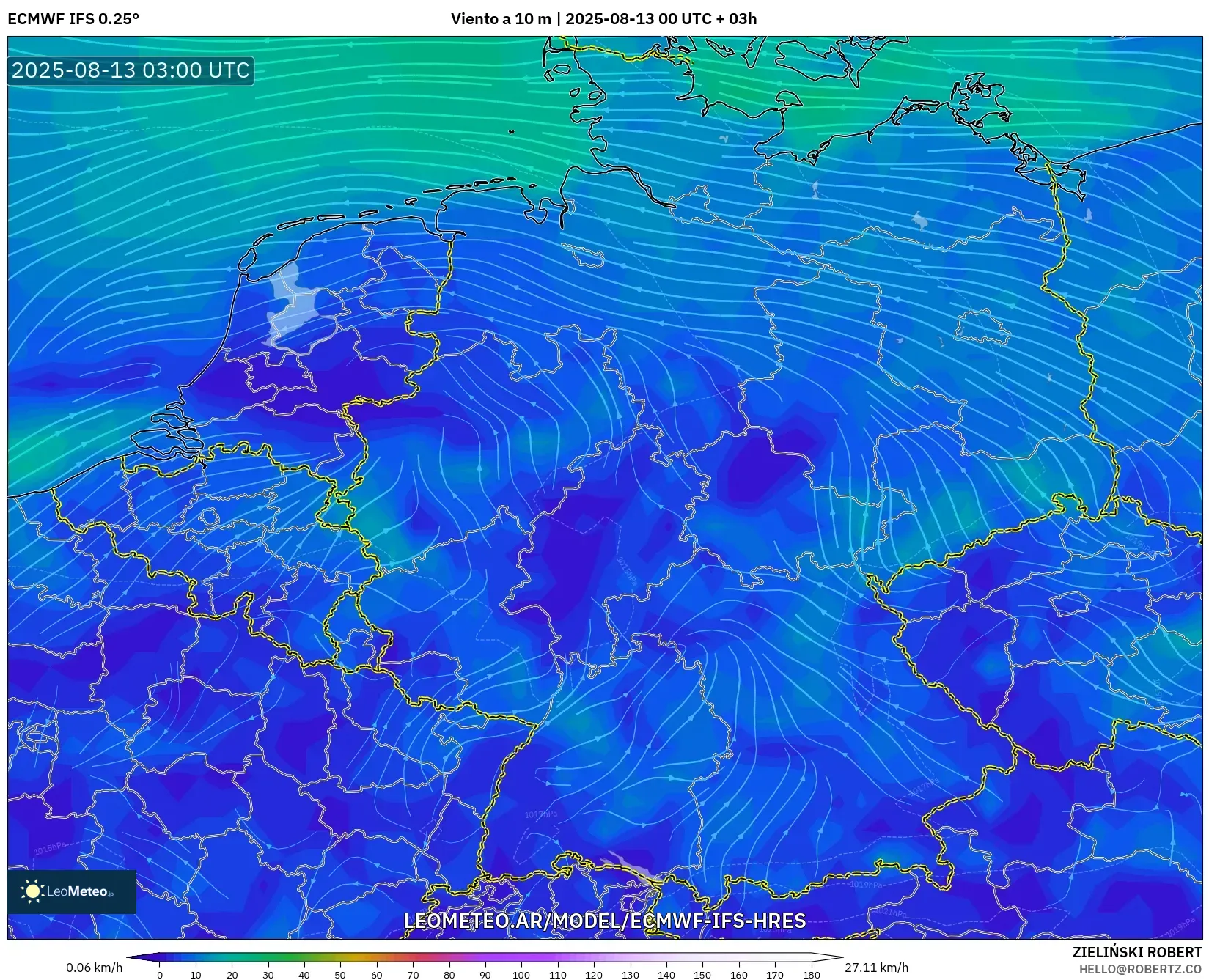 ECMWF IFS 0.25° model - Alemania, Viento a 10 m