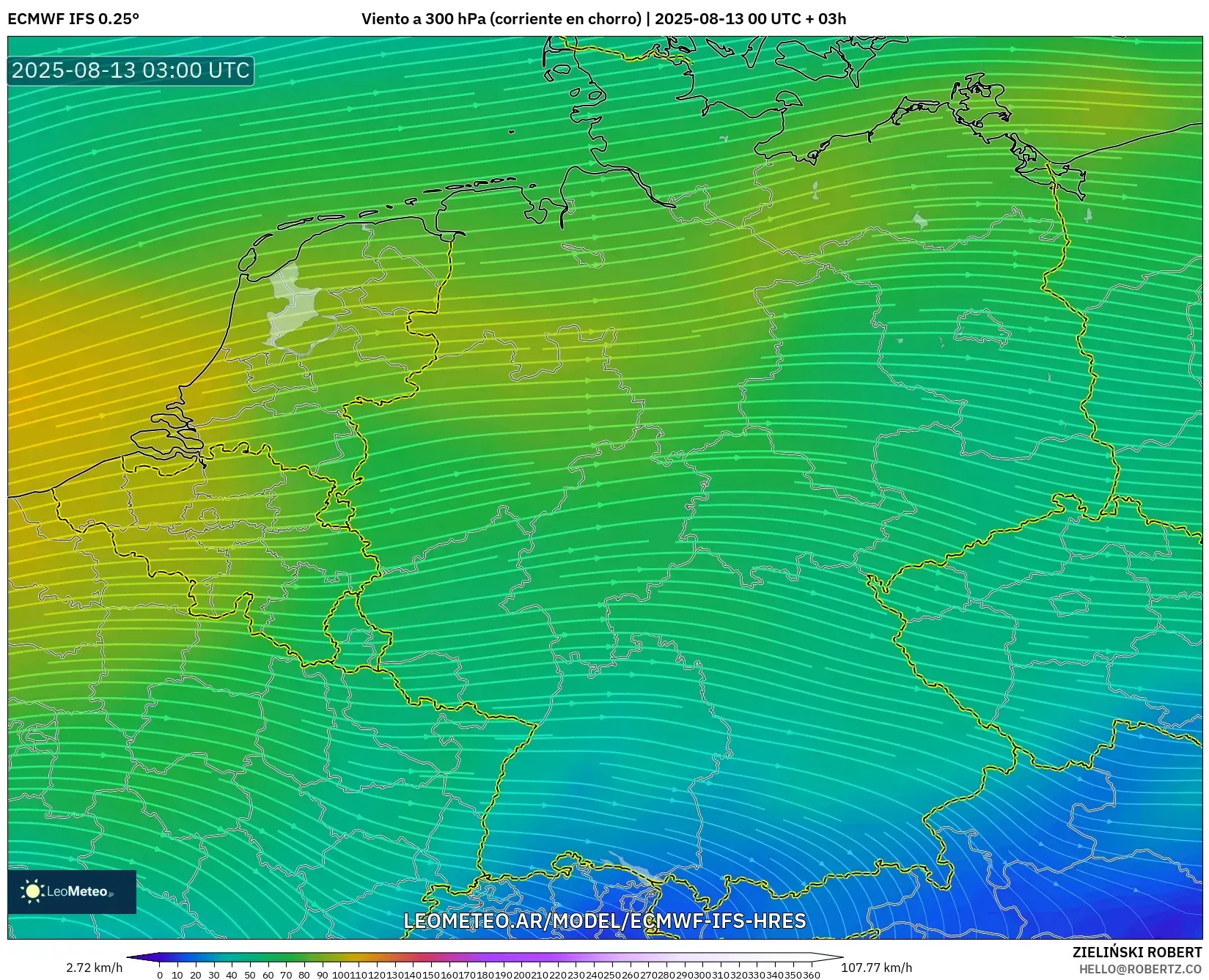 ECMWF IFS 0.25° model - Alemania, Viento a 300 hPa (corriente en chorro)