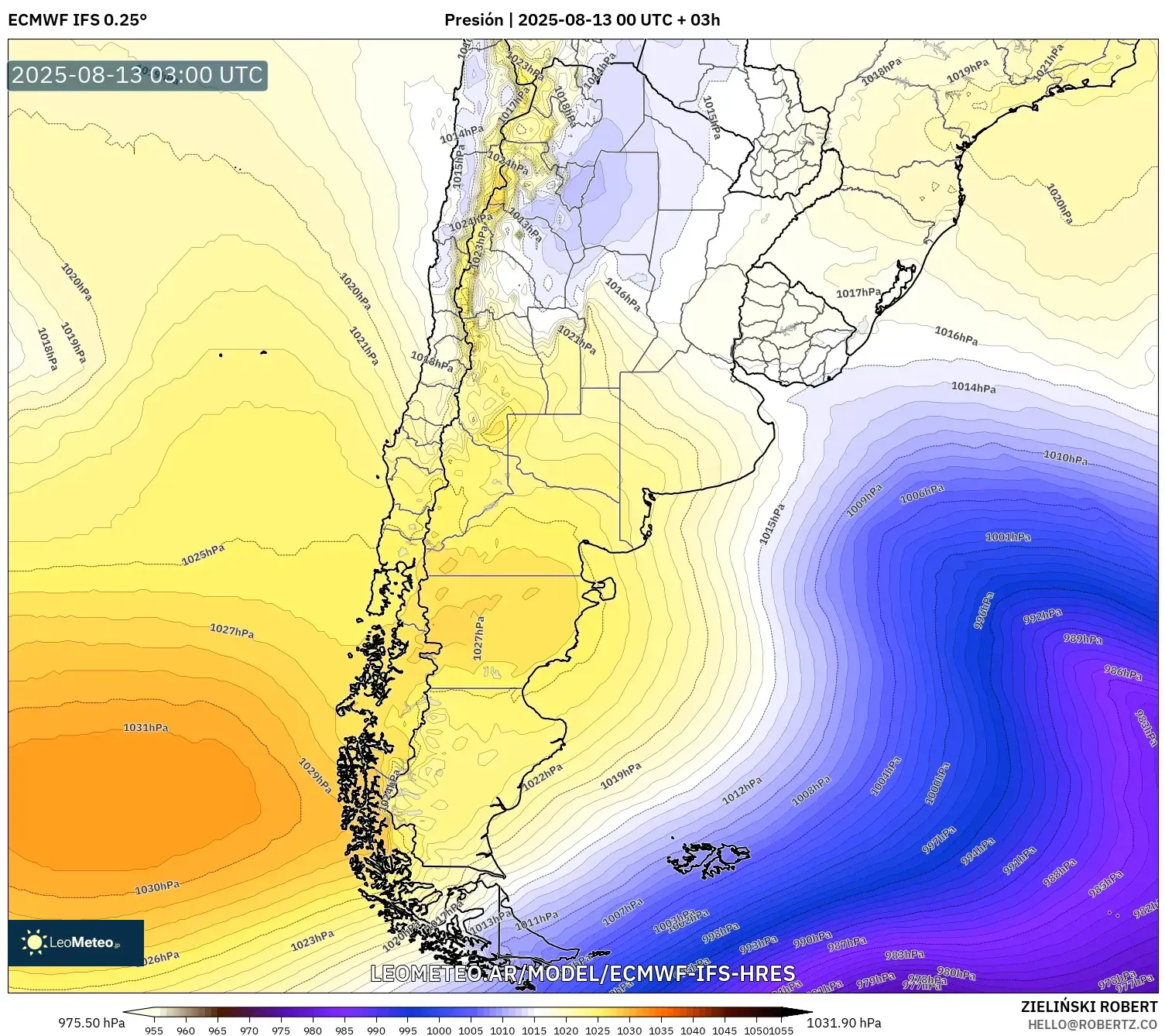 ECMWF IFS 0.25° model - Argentina, Presión