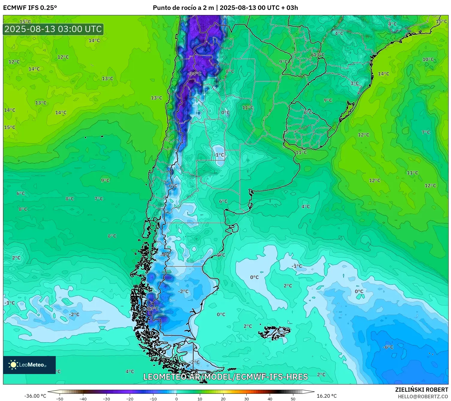 ECMWF IFS 0.25° model - Argentina, Punto de rocío a 2 m ECMWF IFS 0.25° model - Argentina, Punto de rocío a 2 m