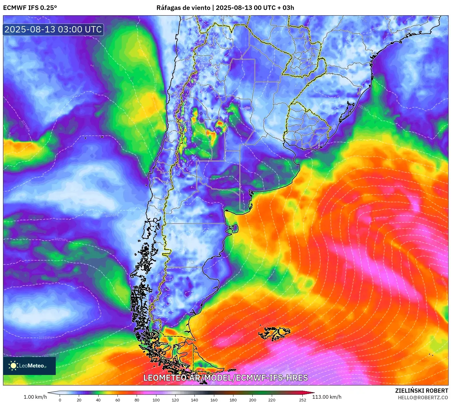 ECMWF IFS 0.25° model - Argentina, Ráfagas de viento ECMWF IFS 0.25° model - Argentina, Ráfagas de viento