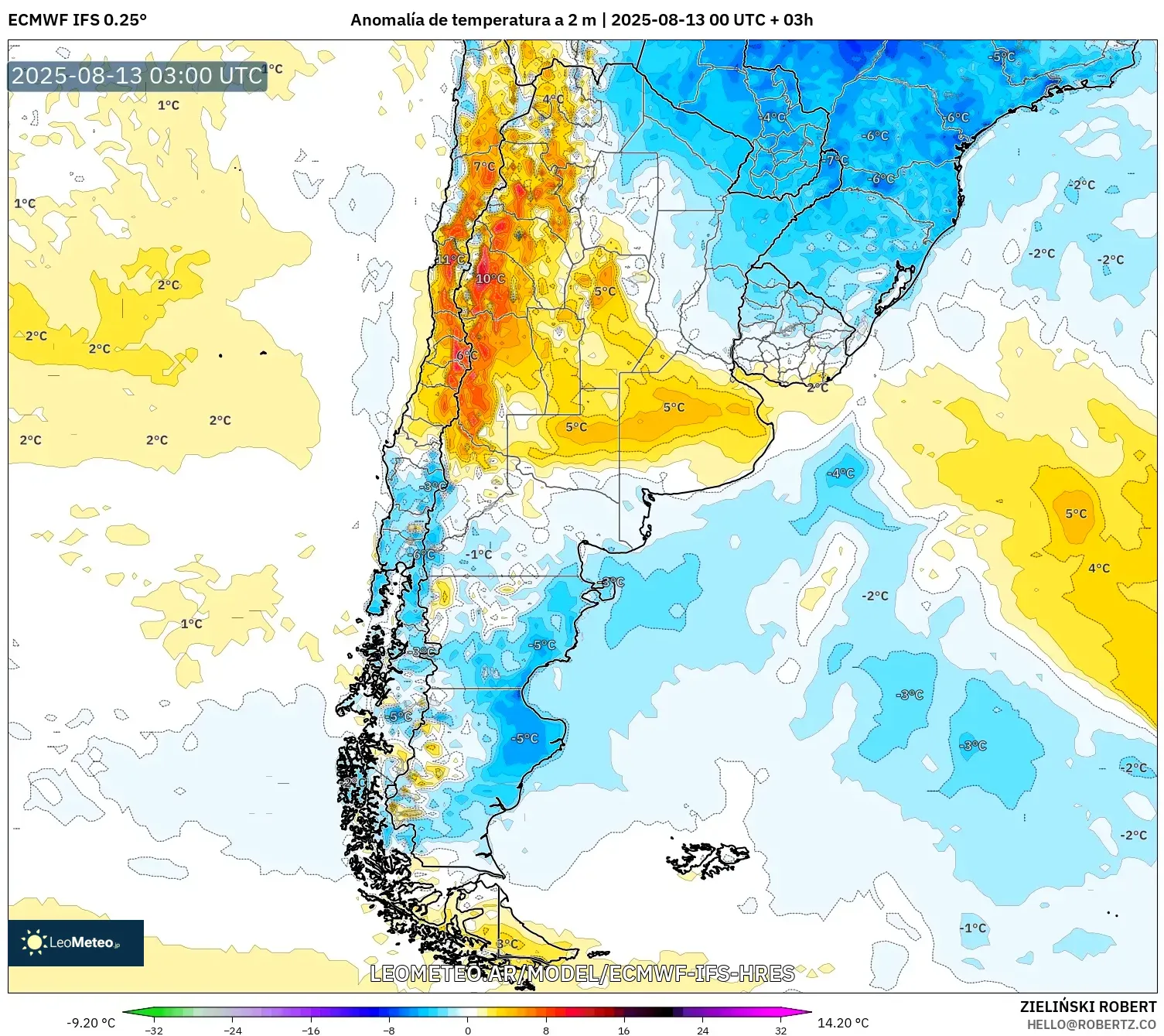 ECMWF IFS 0.25° model - Argentina, Anomalía de temperatura a 2 m