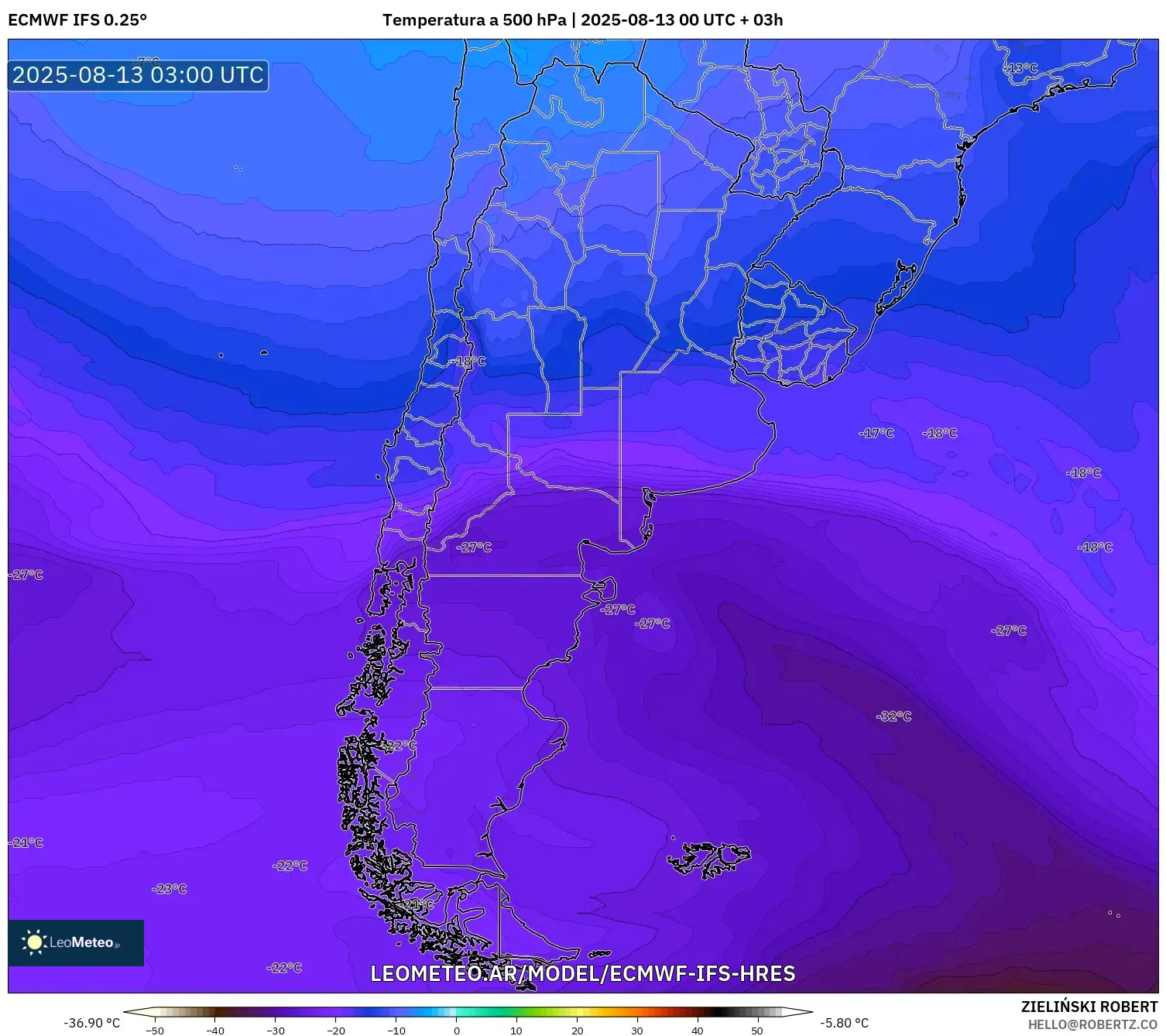 ECMWF IFS 0.25° model - Argentina, Temperatura a 500 hPa