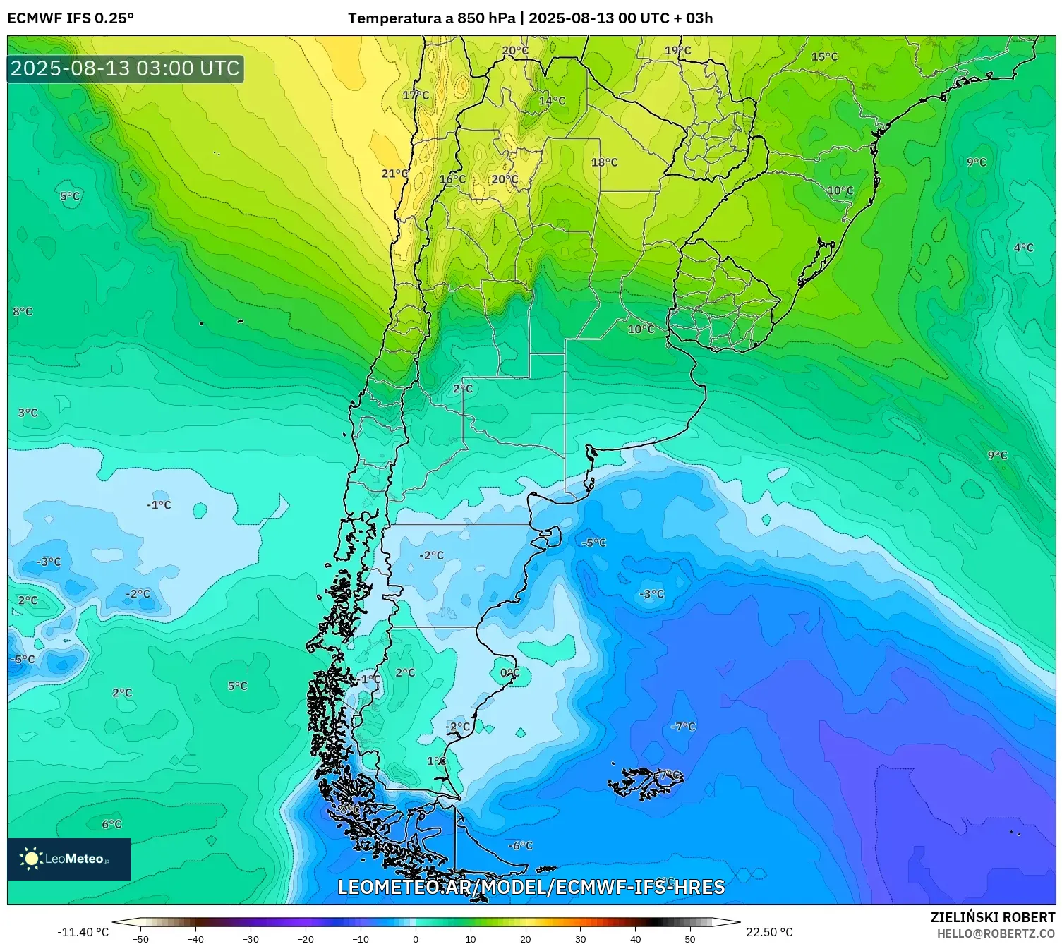 ECMWF IFS 0.25° model - Argentina, Temperatura a 850 hPa