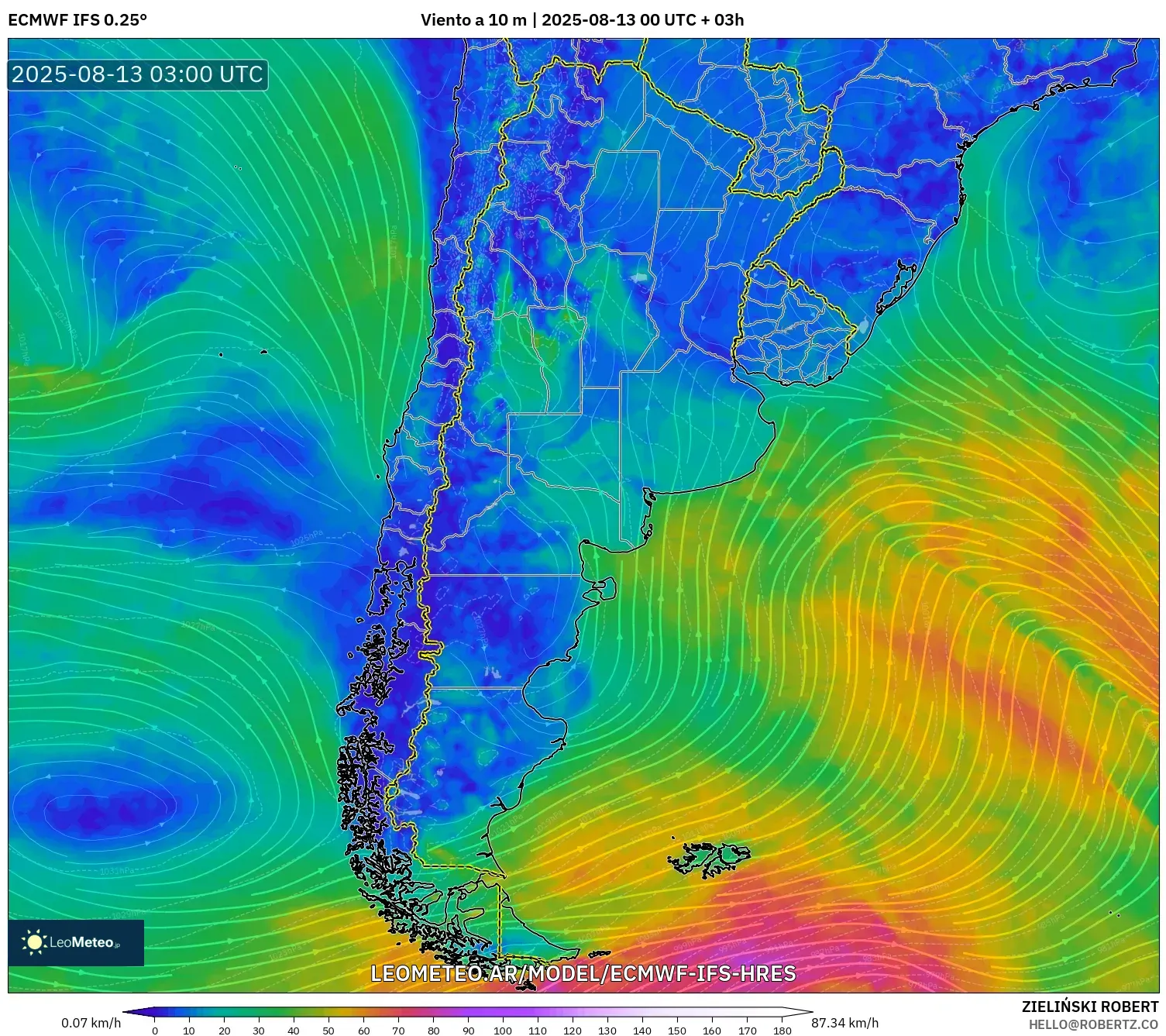 ECMWF IFS 0.25° model - Argentina, Viento a 10 m