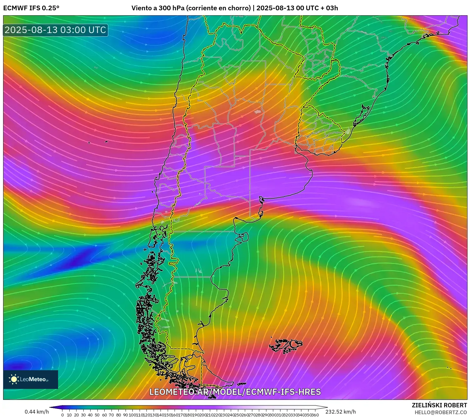 ECMWF IFS 0.25° model - Argentina, Viento a 300 hPa (corriente en chorro)