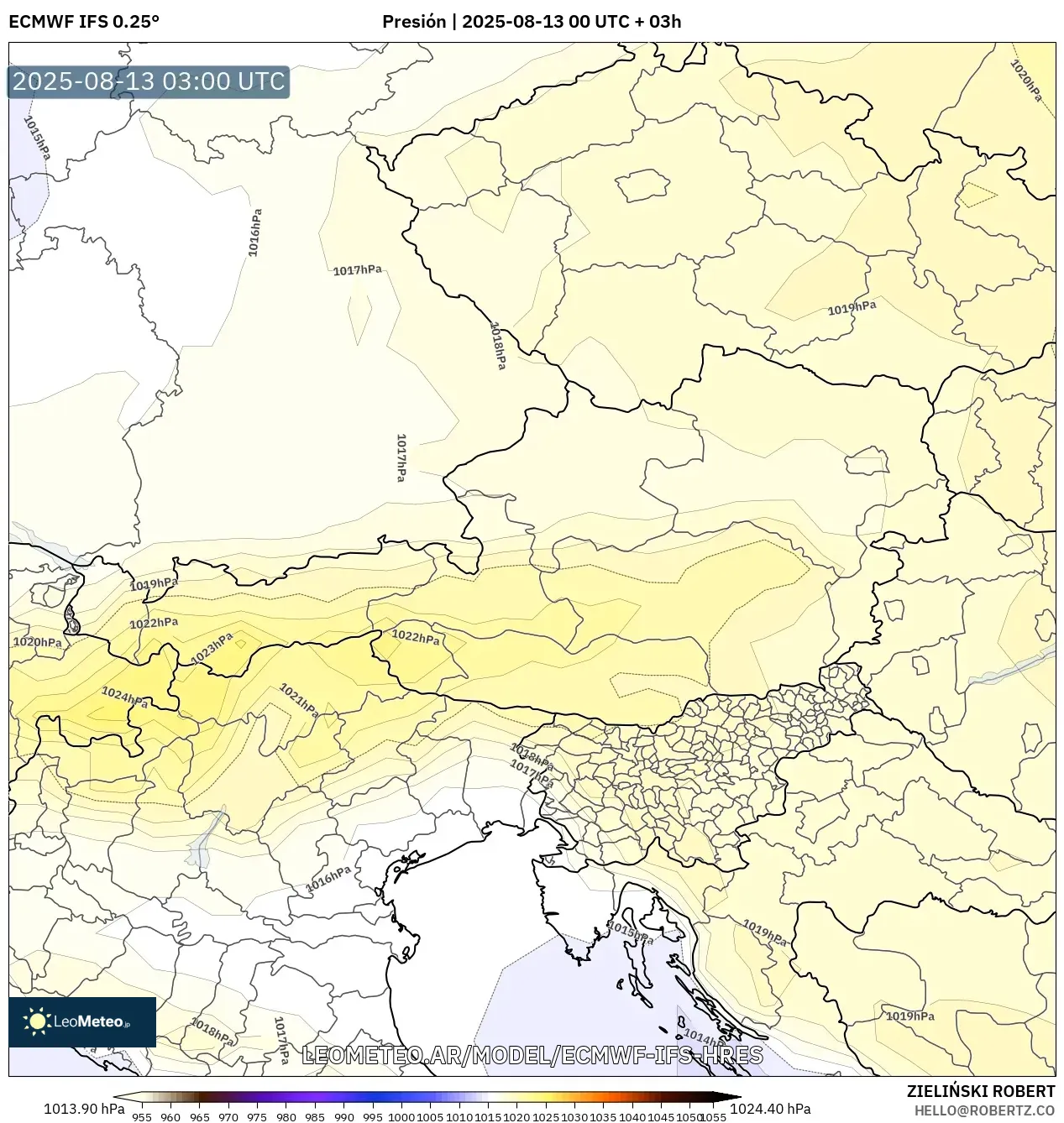 ECMWF IFS 0.25° model - Austria, Presión ECMWF IFS 0.25° model - Austria, Presión