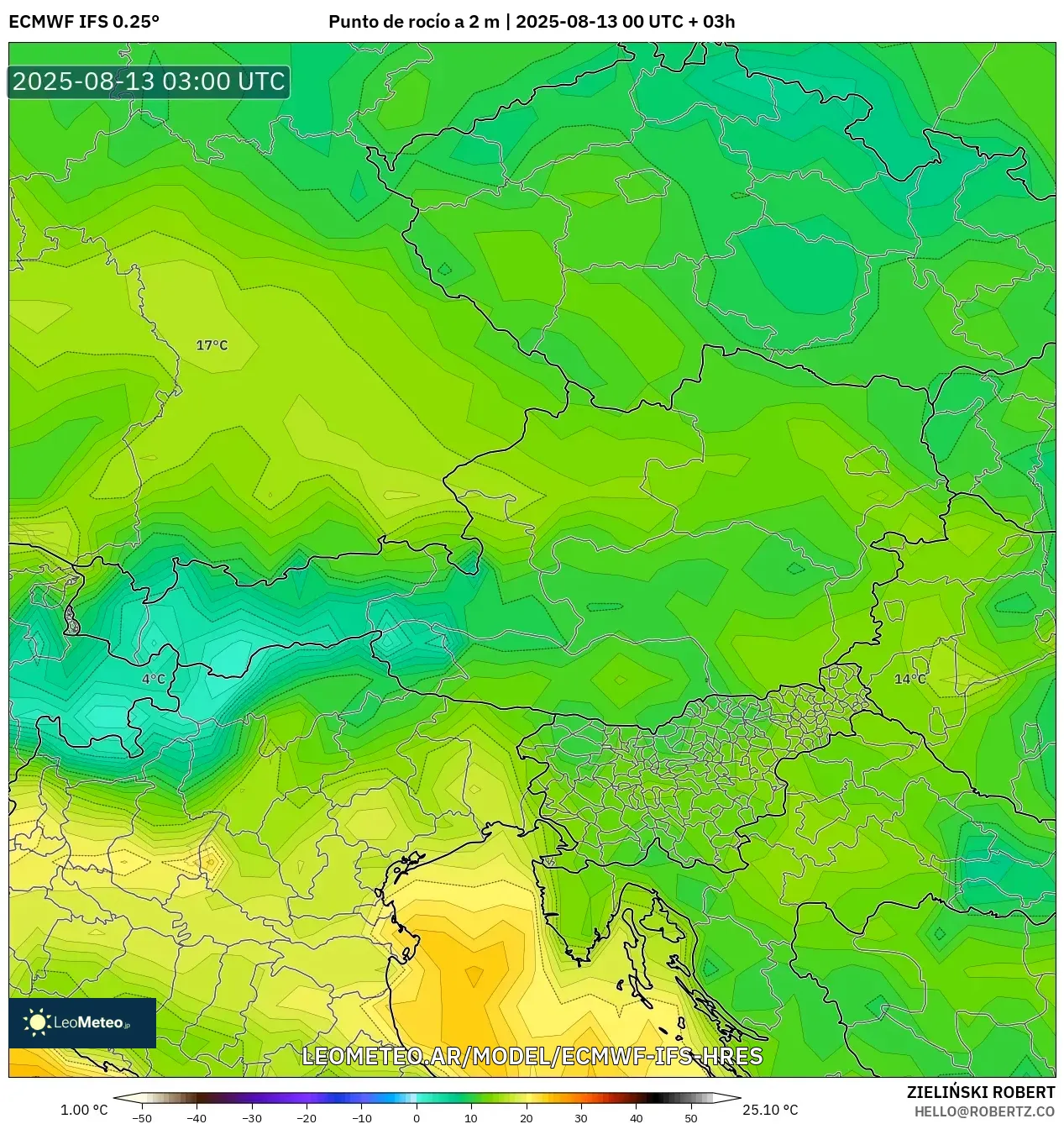 ECMWF IFS 0.25° model - Austria, Punto de rocío a 2 m