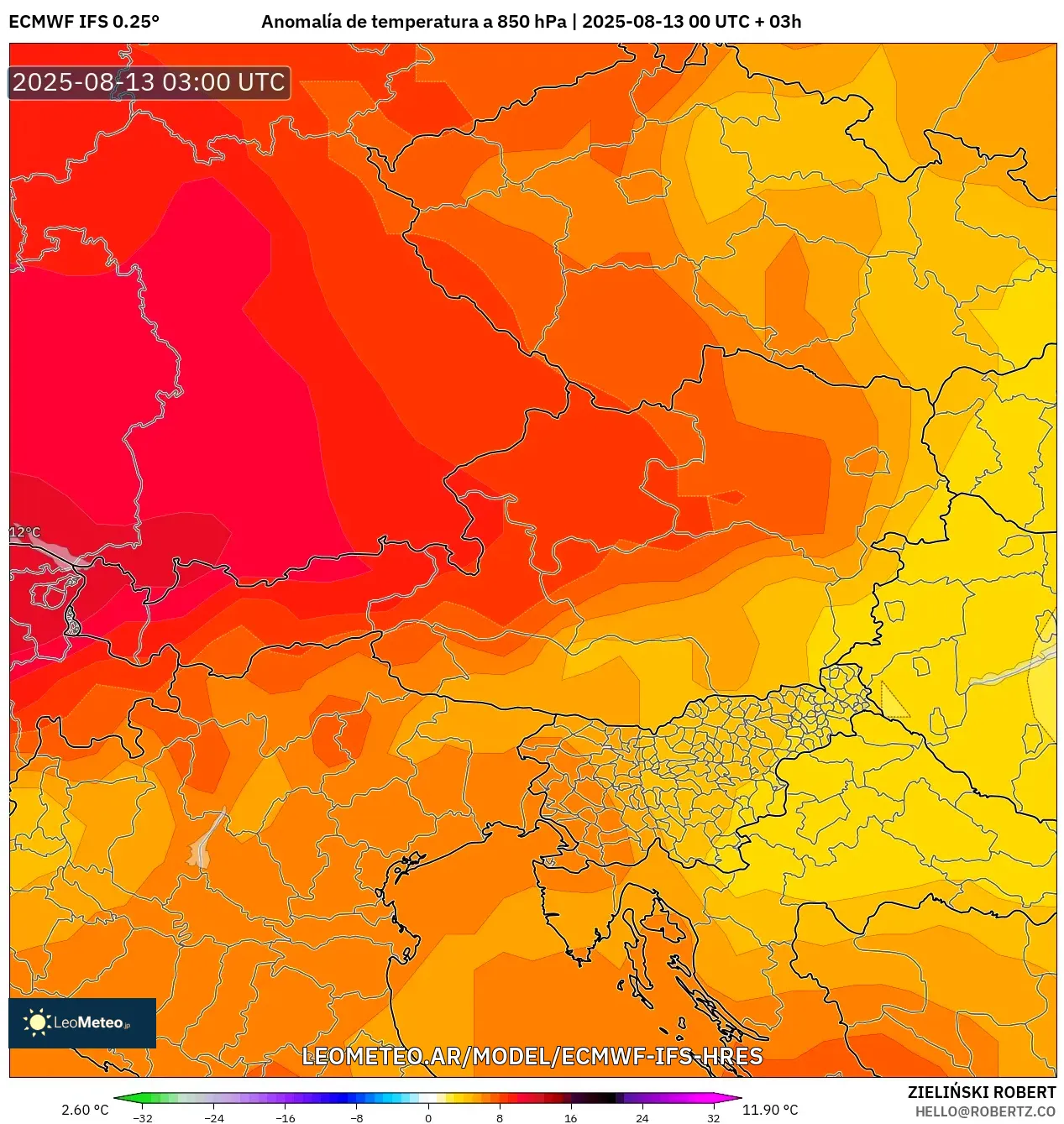 ECMWF IFS 0.25° model - Austria, Anomalía de temperatura a 850 hPa ECMWF IFS 0.25° model - Austria, Anomalía de temperatura a 850 hPa