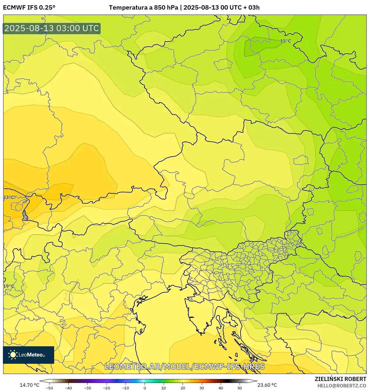 ECMWF IFS 0.25° model - Austria, Temperatura a 850 hPa
