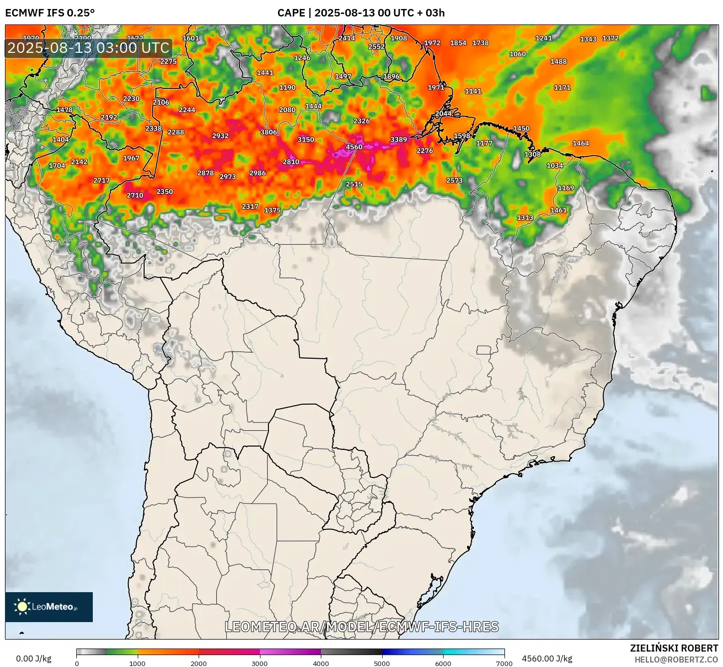 ECMWF IFS 0.25° model - Brasil, CAPE